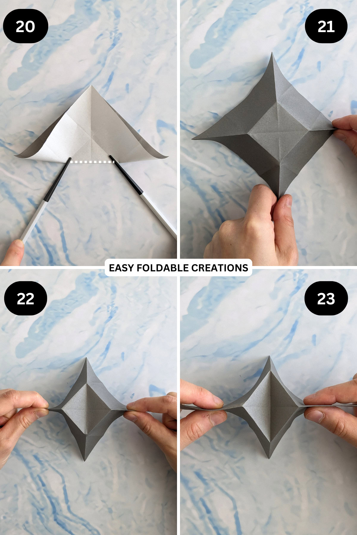 Steps 20 to 23 for folding an origami talking fish.