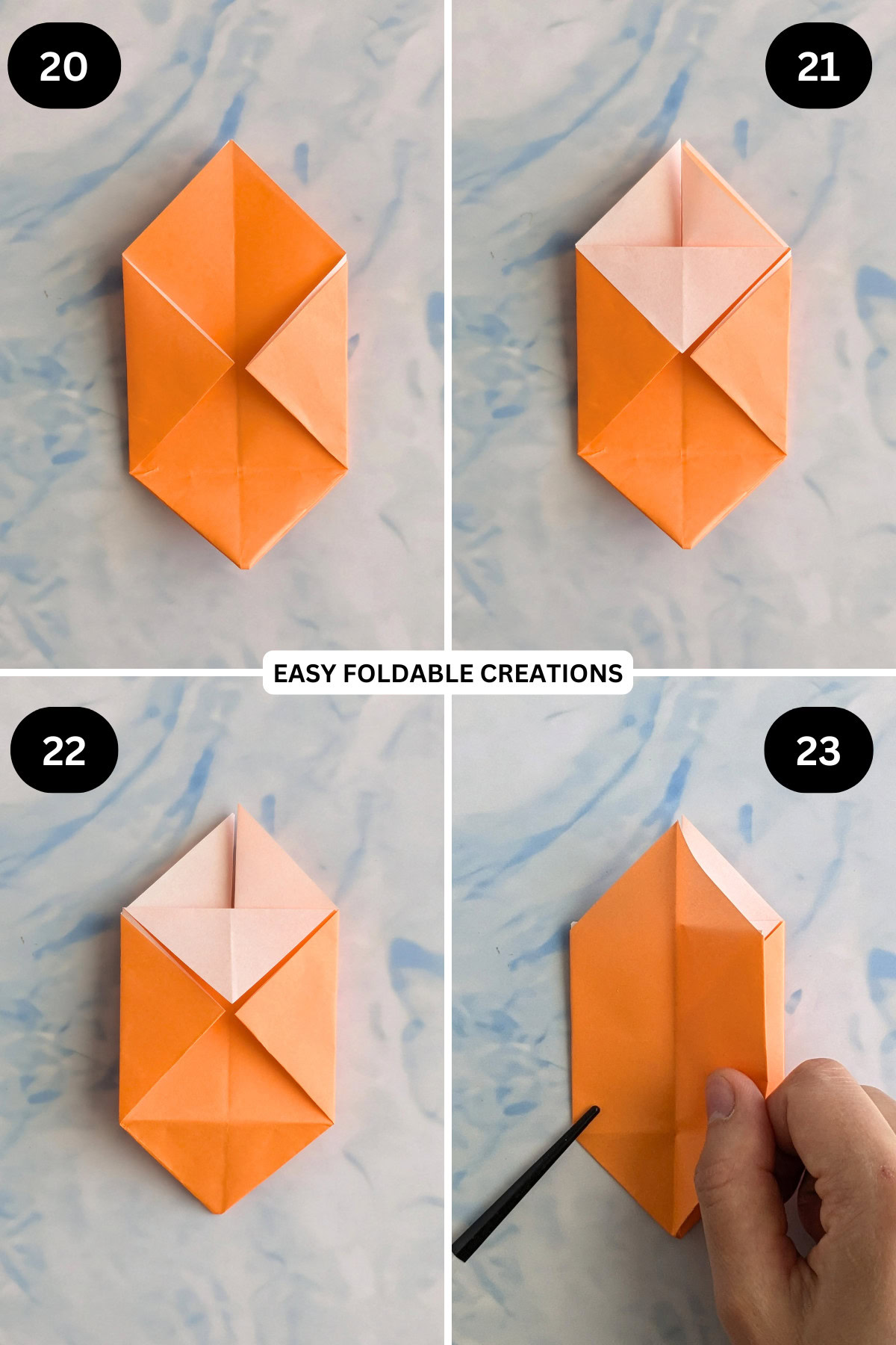 Steps 20 to 23 for folding origami box with lid.