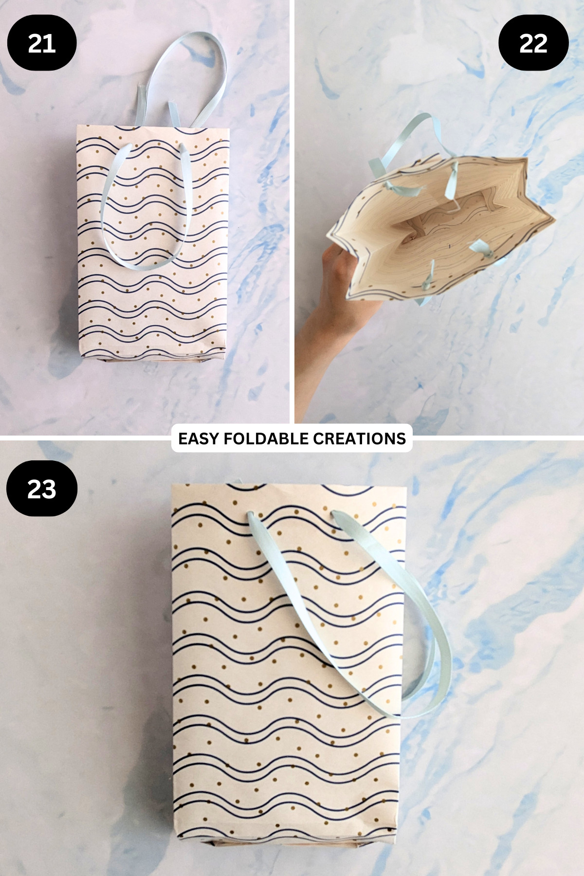 Steps 21 to 23 for folding a gift bag.