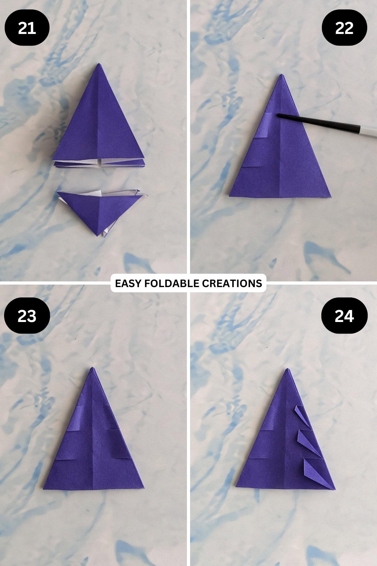 Steps 21 to 24 for folding 3D origami Christmas tree.