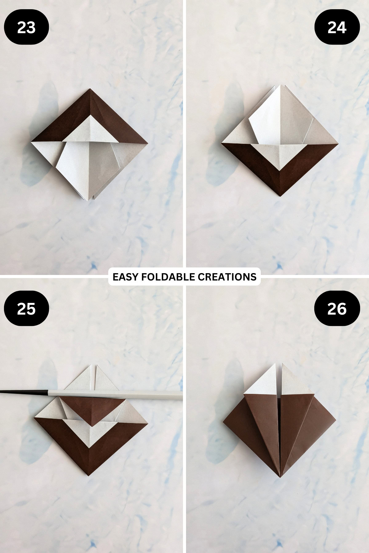 Steps 23 to 26 for folding origami reindeer.