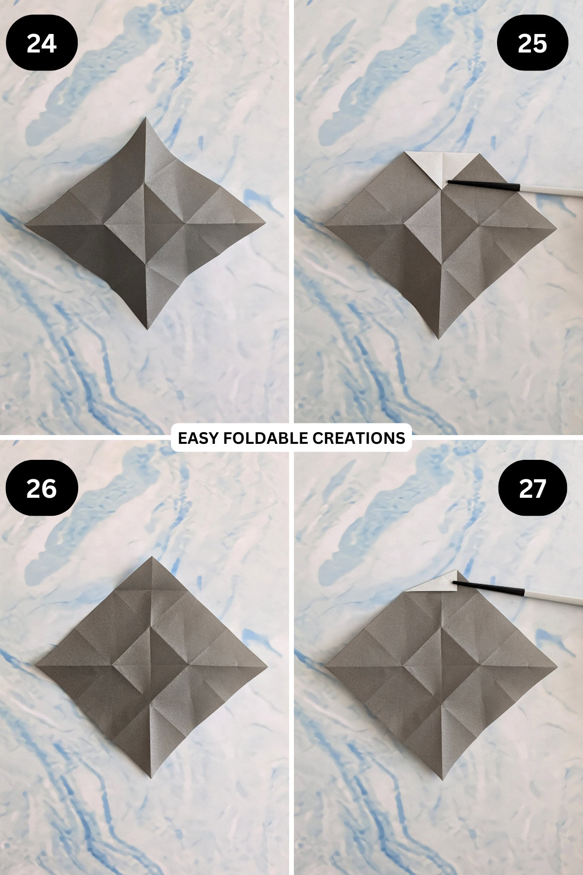Steps 24 to 27 for folding an origami talking fish.