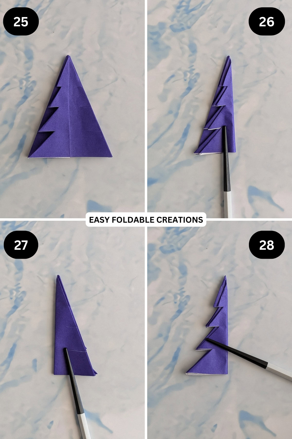 Steps 25 to 28 for folding 3D origami Christmas tree.