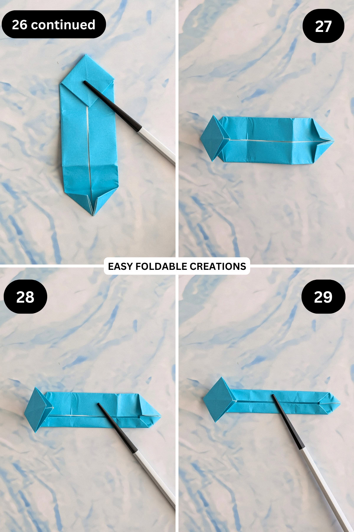 Steps 26 continued to 29 for folding jumping origami snake.