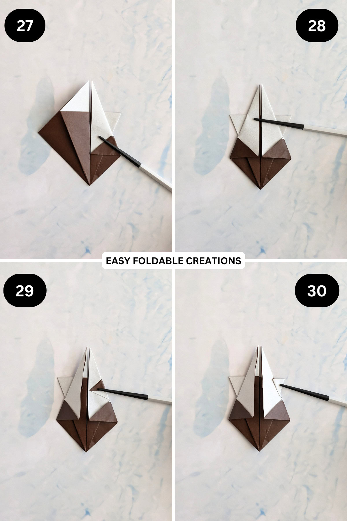 Steps 27 to 30 for folding origami reindeer.