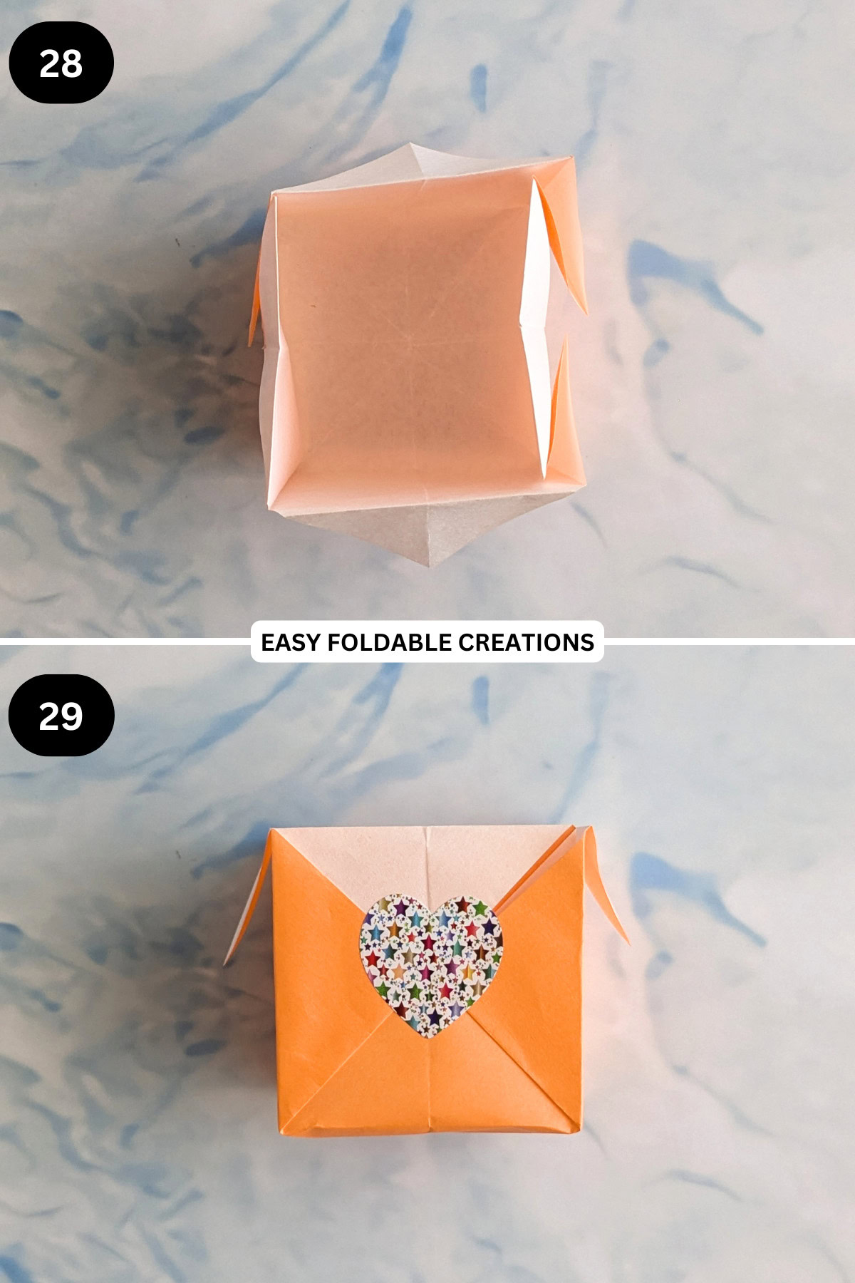 Steps 28 to 29 for folding origami box with lid.