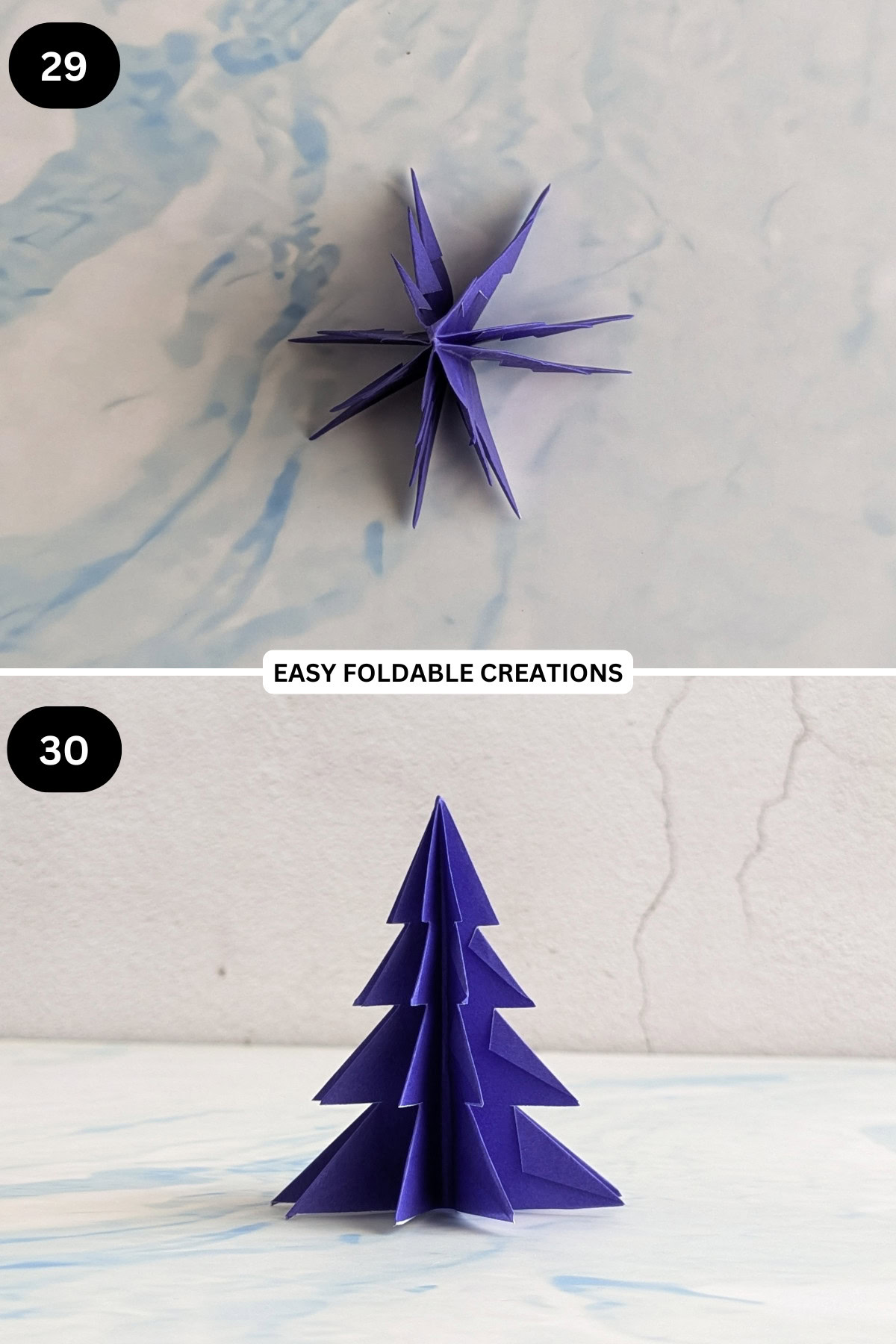 Steps 29 and 30 for folding 3D origami Christmas tree.