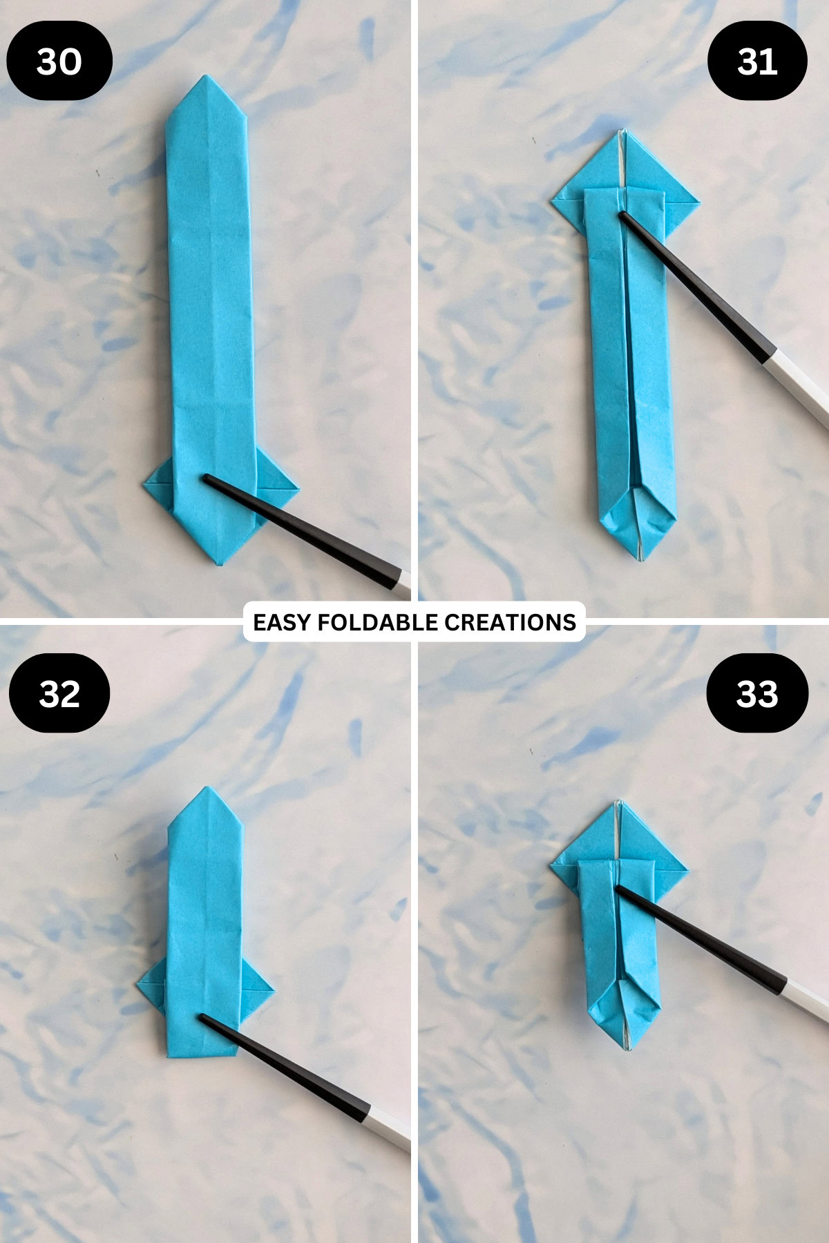 Steps 30 to 33 for folding jumping origami snake.