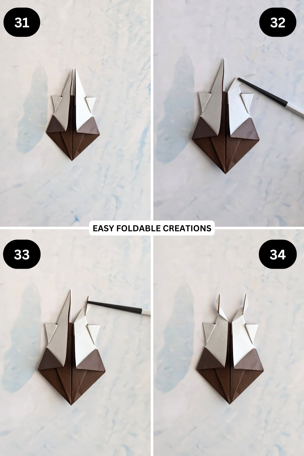 Steps 31 to 34 for folding origami reindeer.
