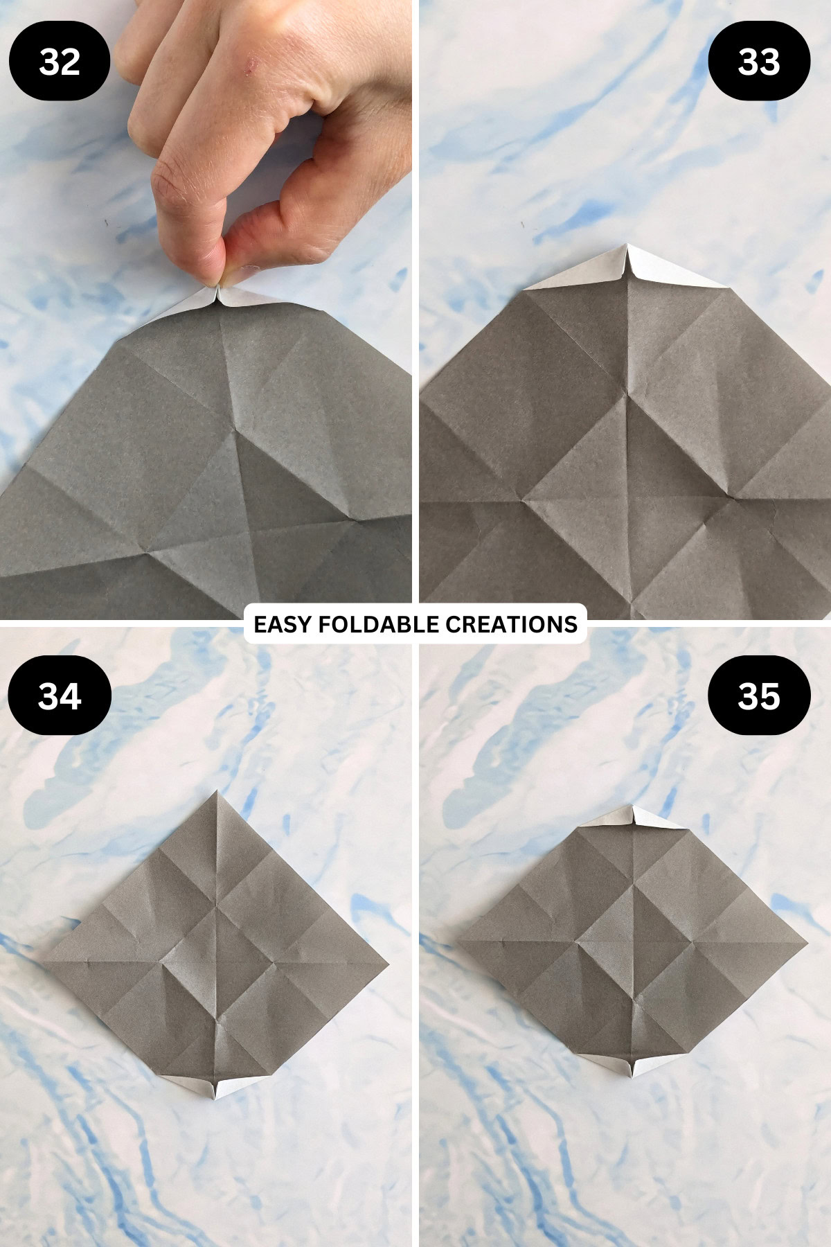 Steps 32 to 35 for folding an origami talking fish.