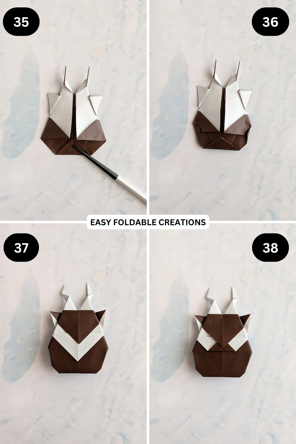 Steps 35 to 38 for folding origami reindeer.