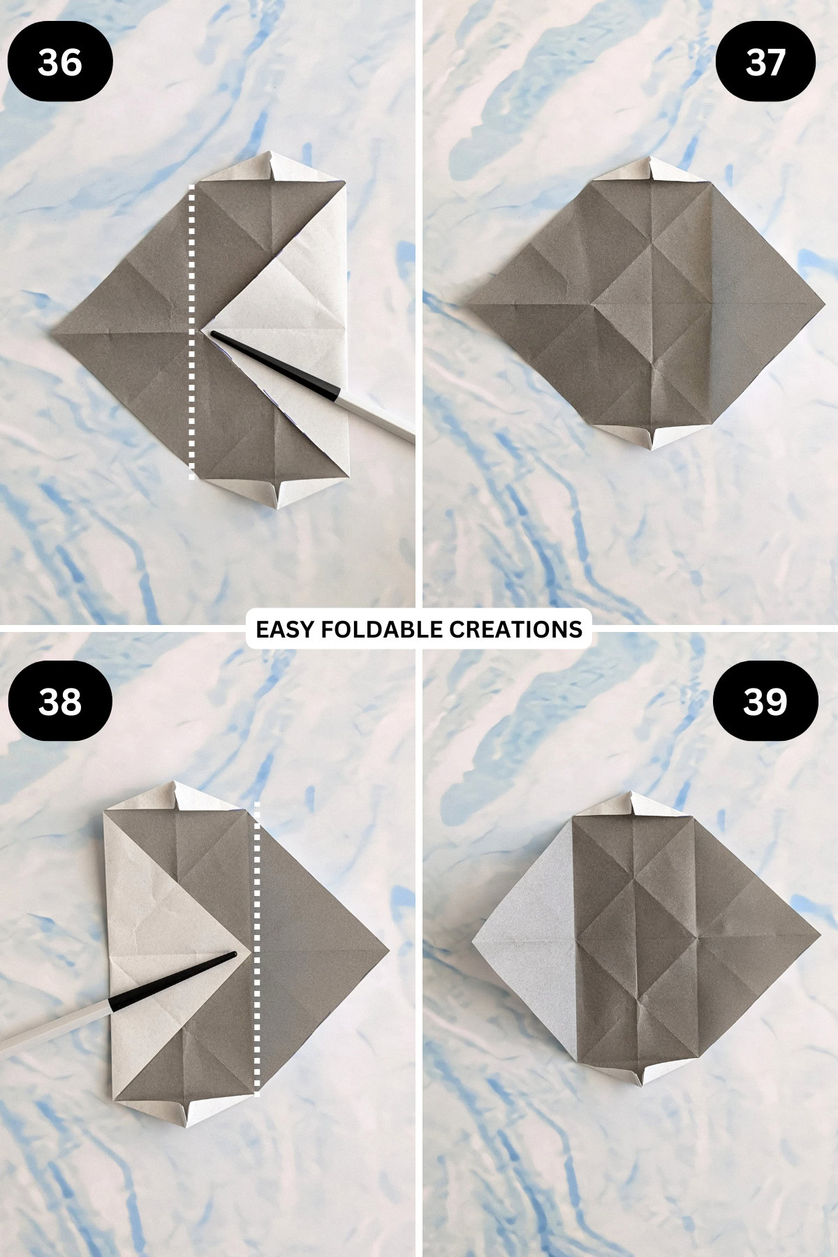 Steps 36 to 39 for folding an origami talking fish.