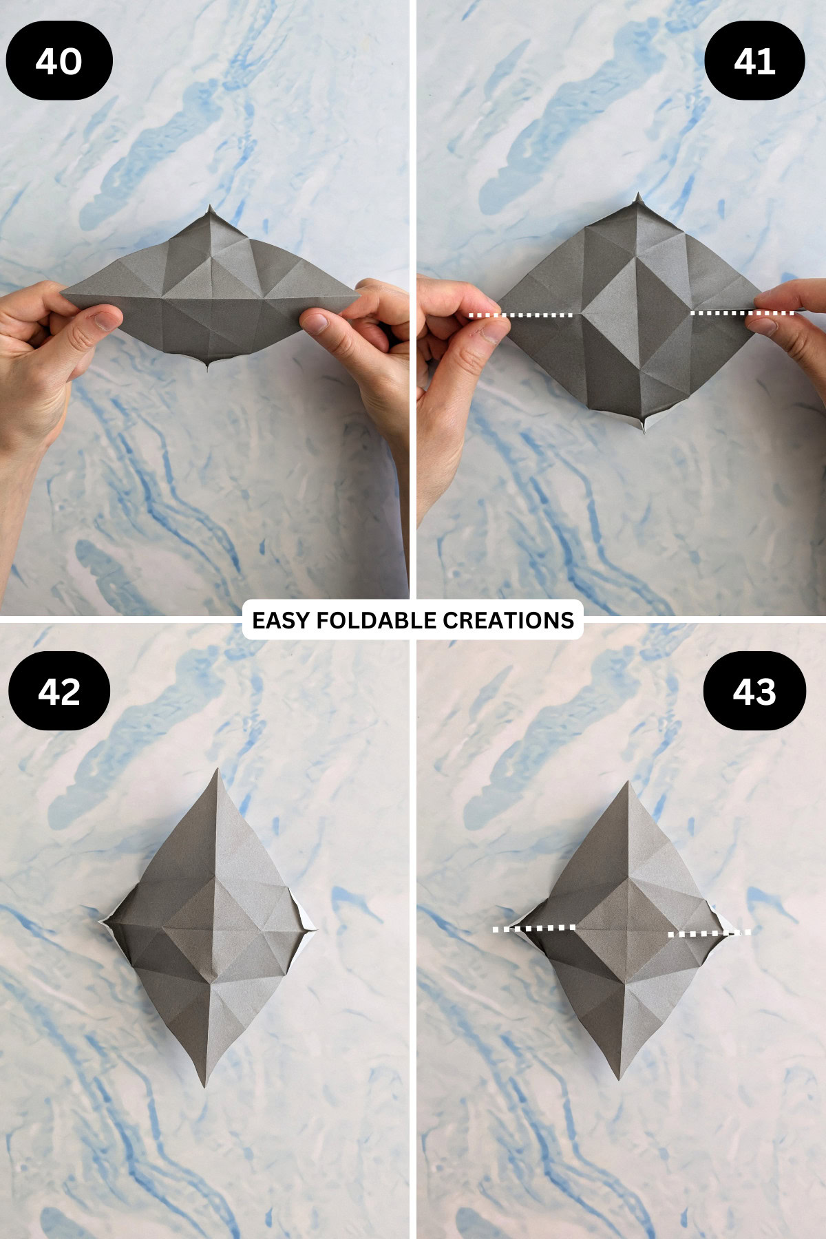 Steps 40 to 43 for folding an origami talking fish.