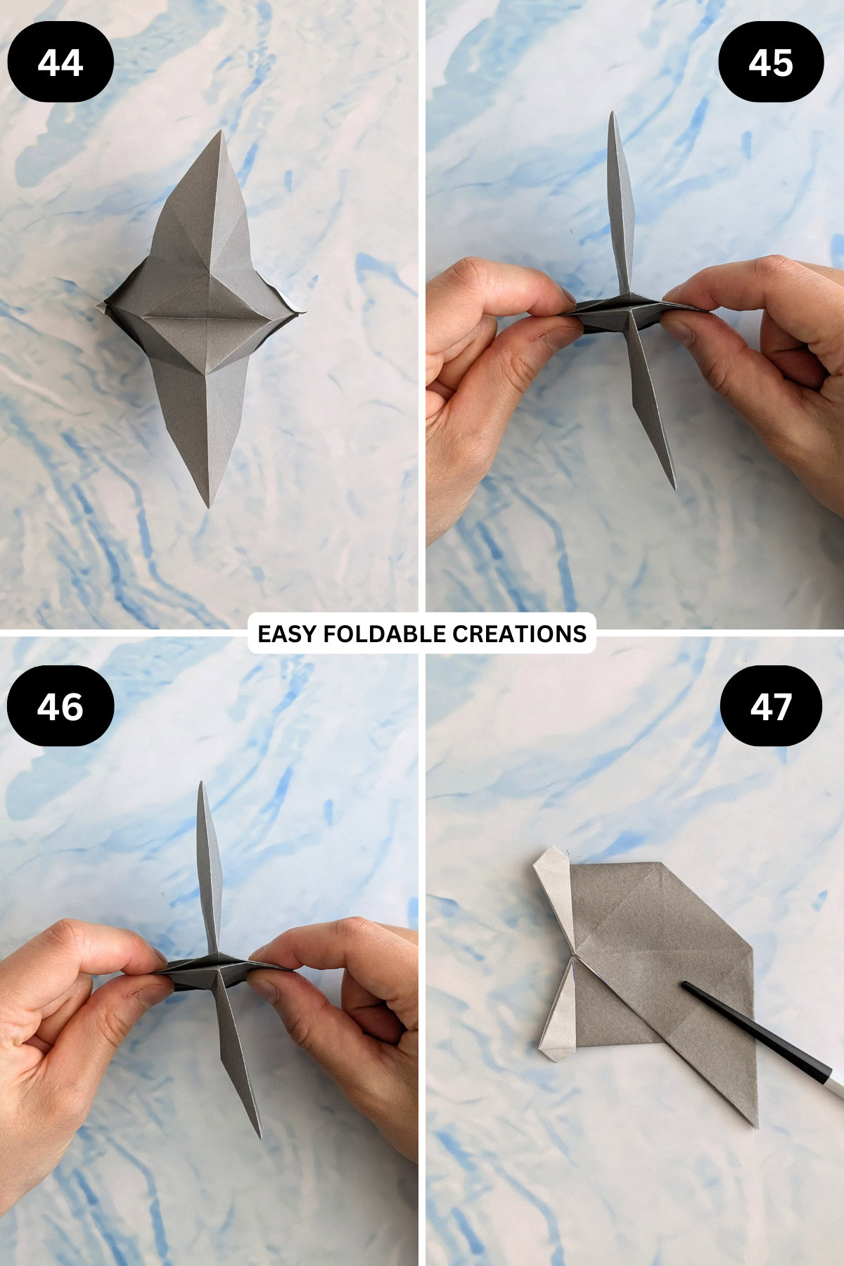 Steps 44 to 47 for folding an origami talking fish.