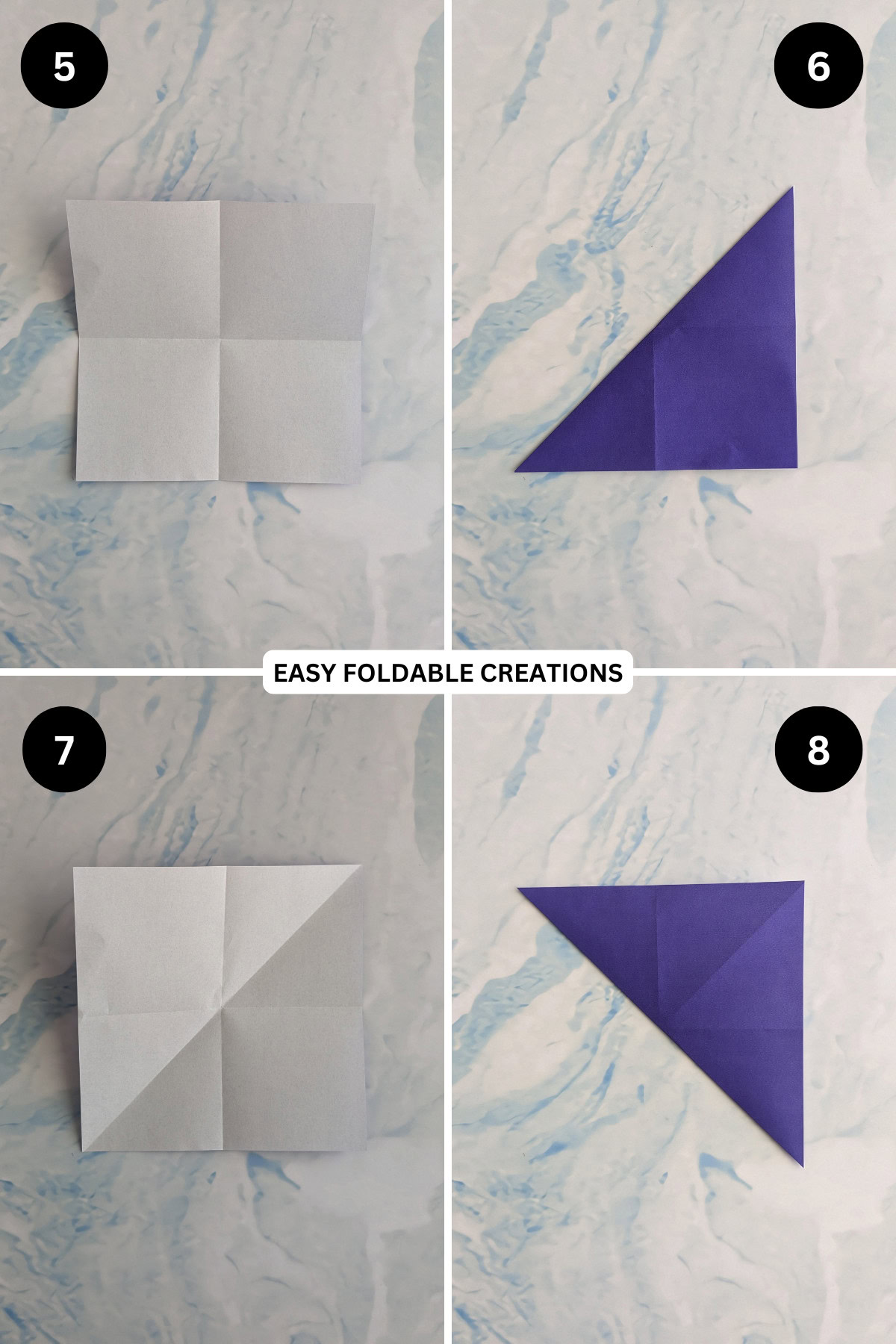 Steps 5 to 8 for folding 3D origami Christmas tree.