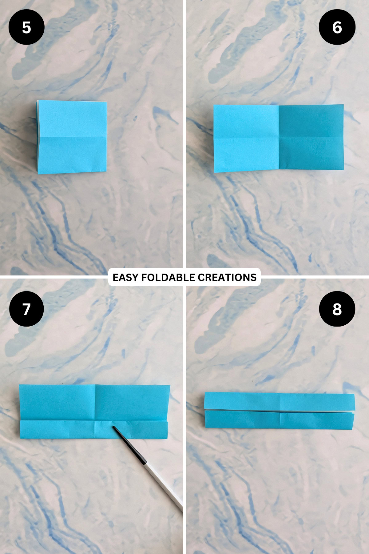 Steps 5 to 8 for folding jumping origami snake.