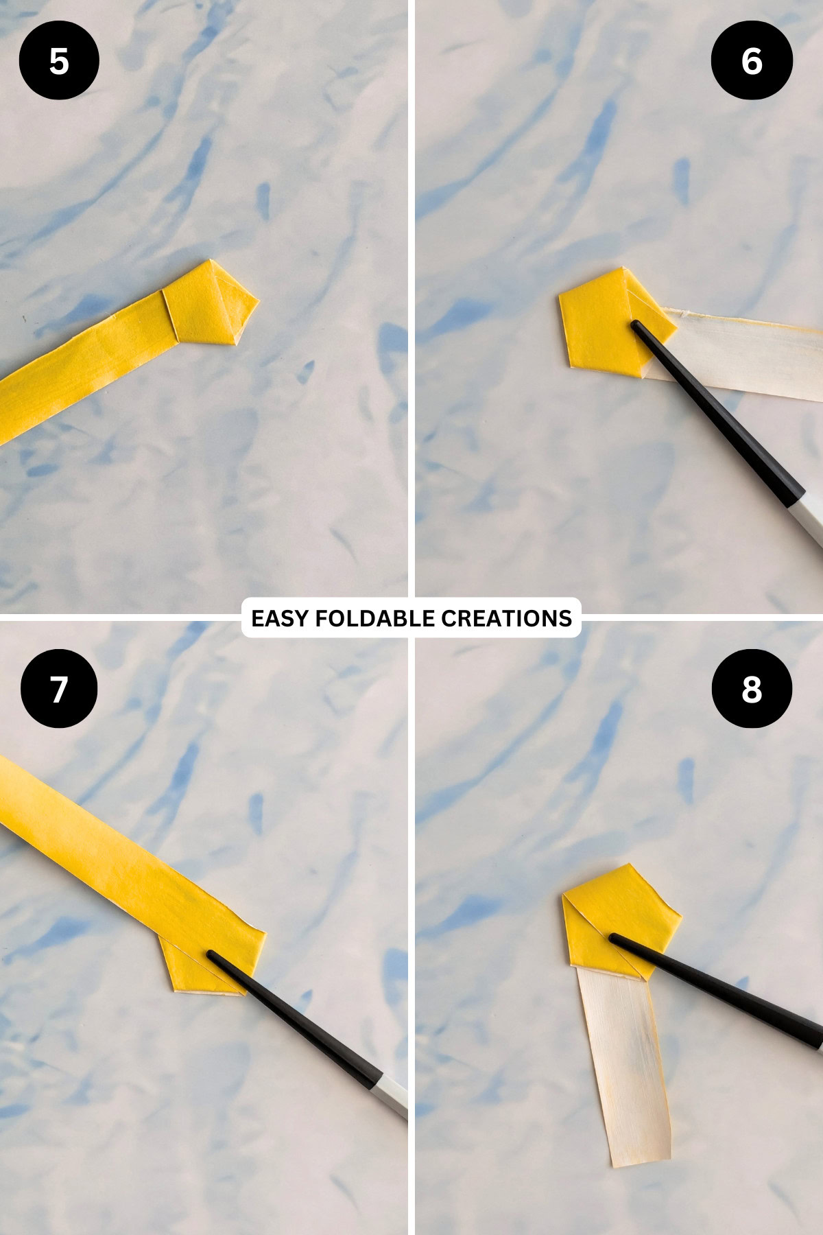 Steps 5 to 8 for folding origami lucky stars.