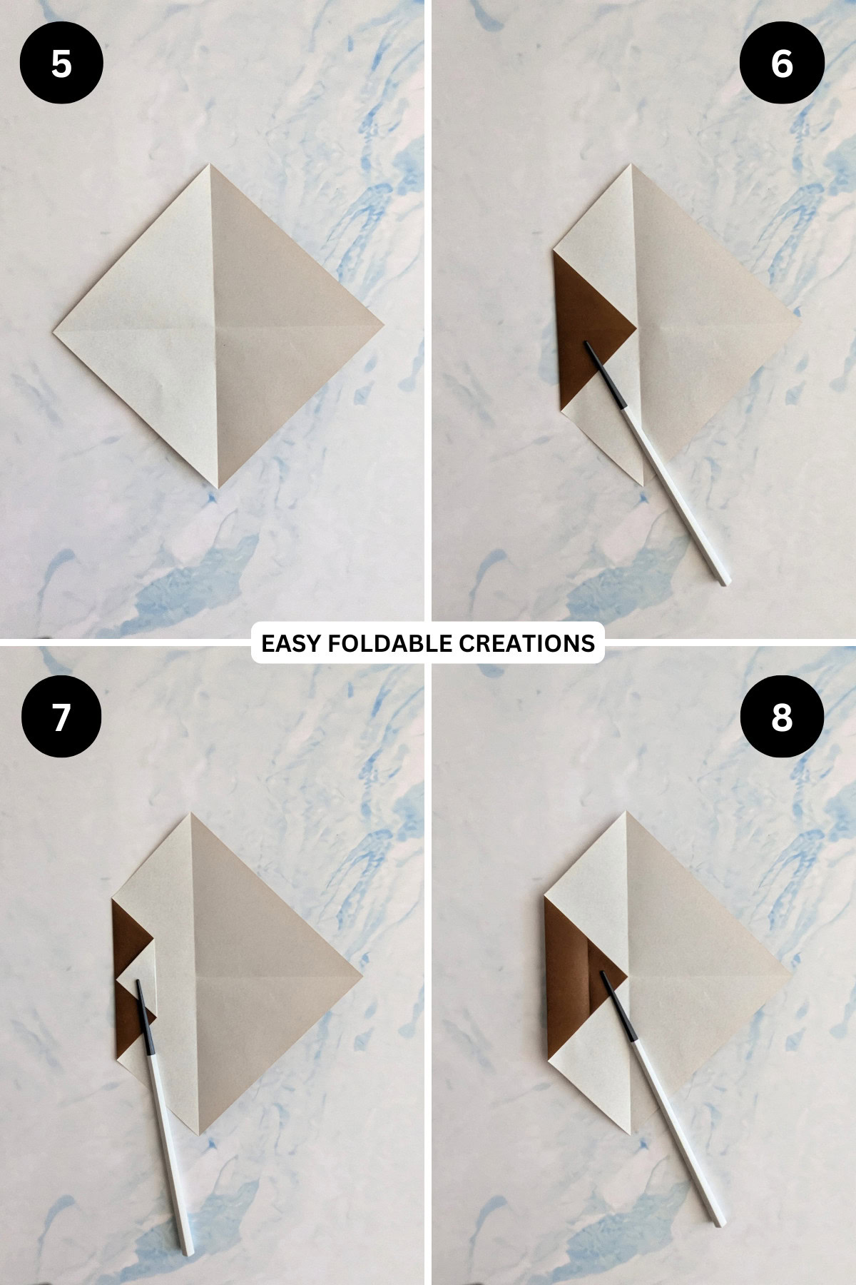 Steps 5 to 8 for folding origami reindeer.