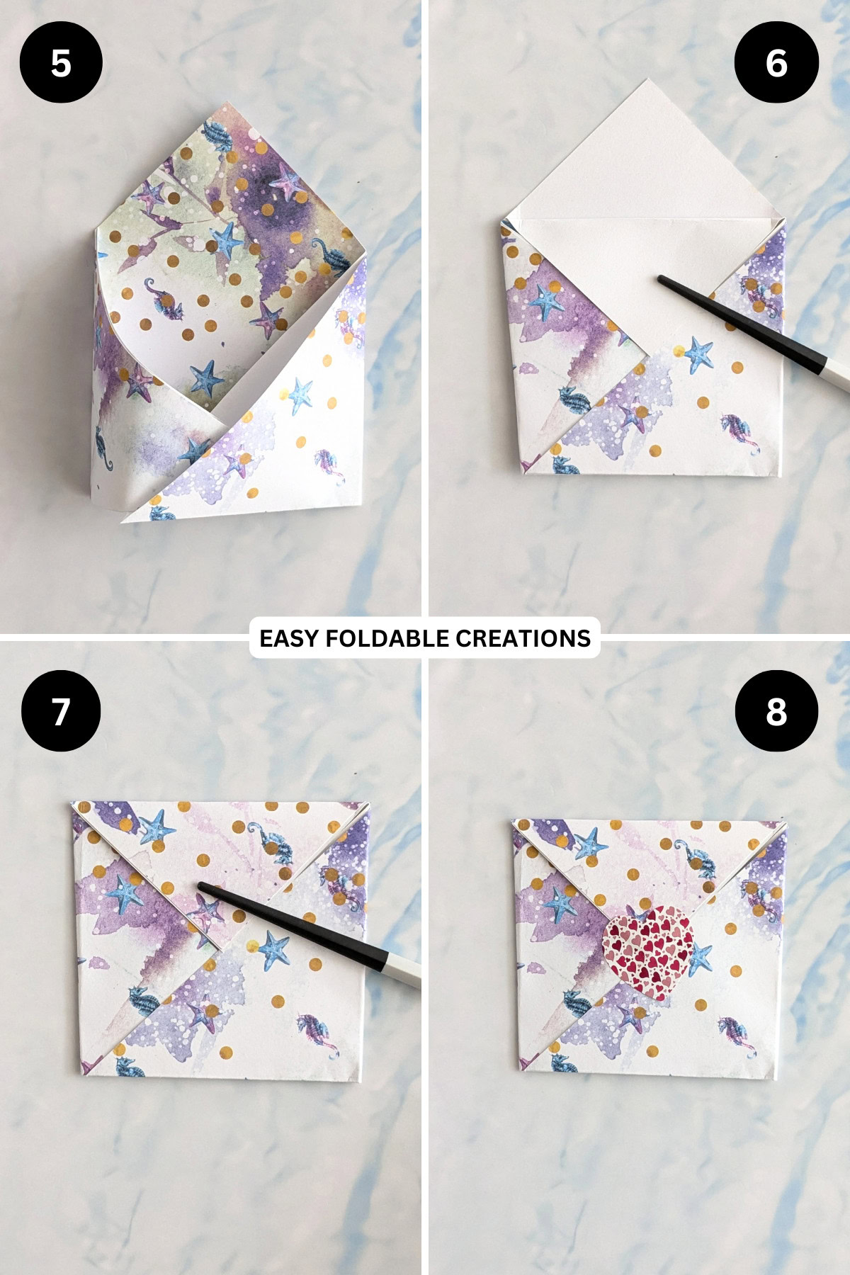 Steps 5 to 8 for folding a square paper envelope.