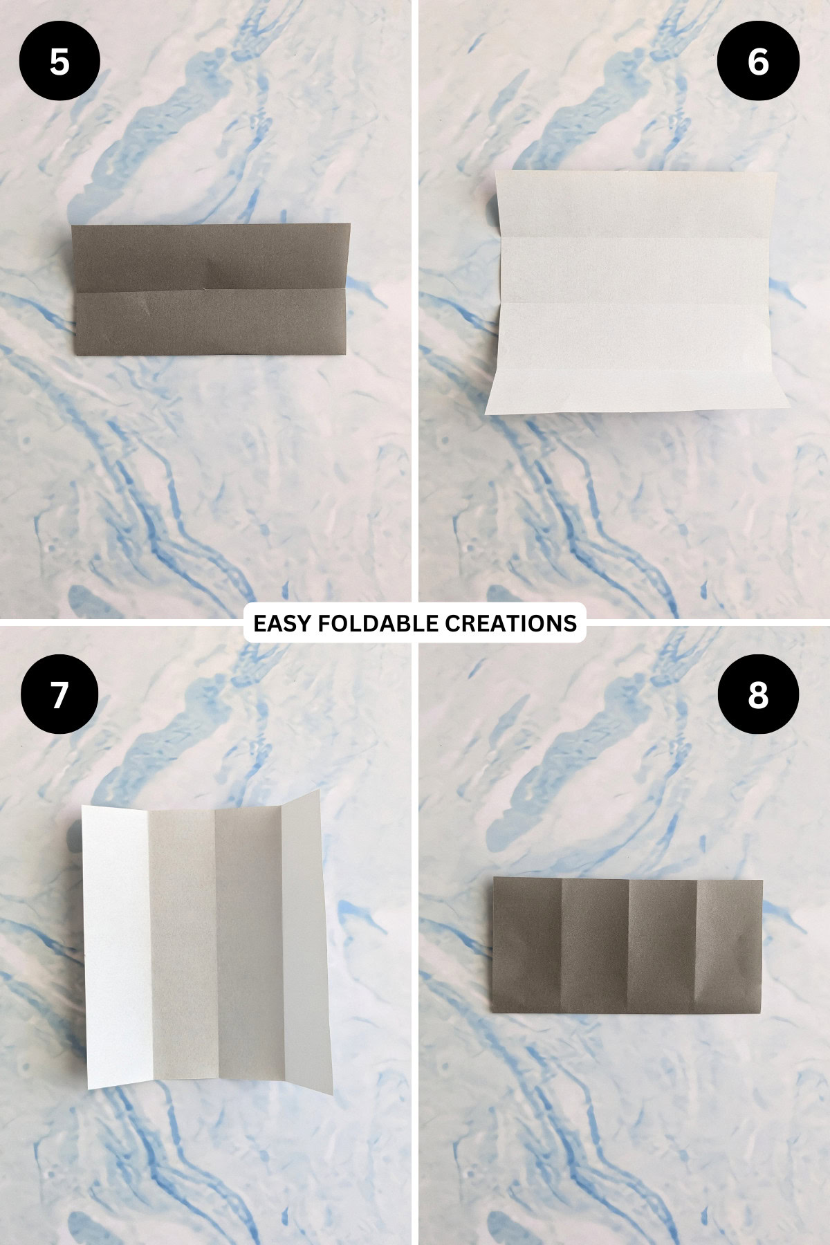 Steps 5 to 8 for folding an origami talking fish.