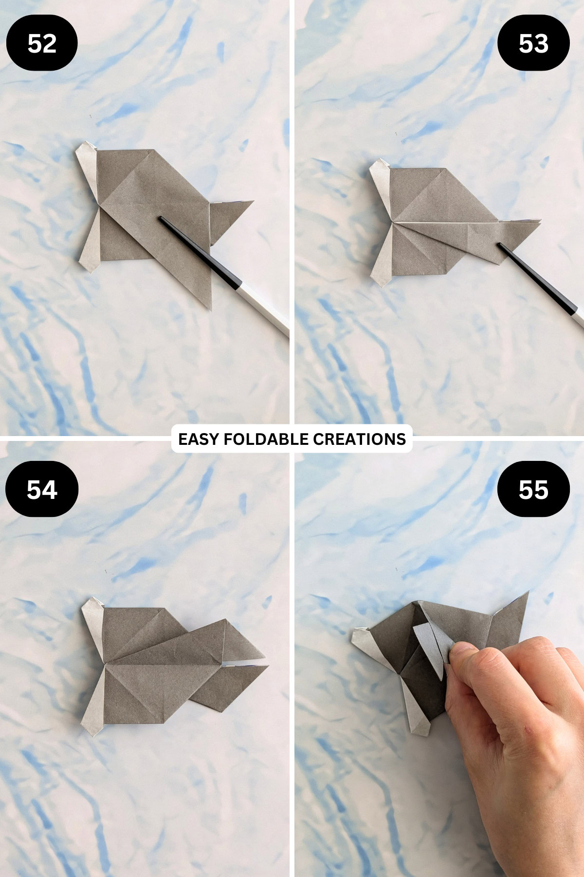 Steps 52 to 55 for folding an origami talking fish.
