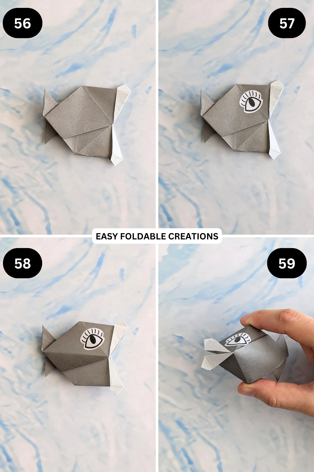 Steps 56 to 59 for folding an origami talking fish.