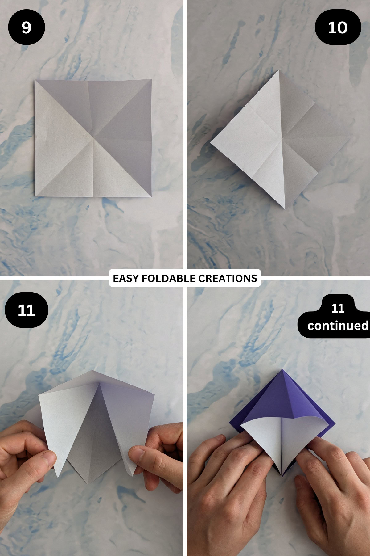 Steps 9 to 11 for folding 3D origami Christmas tree.