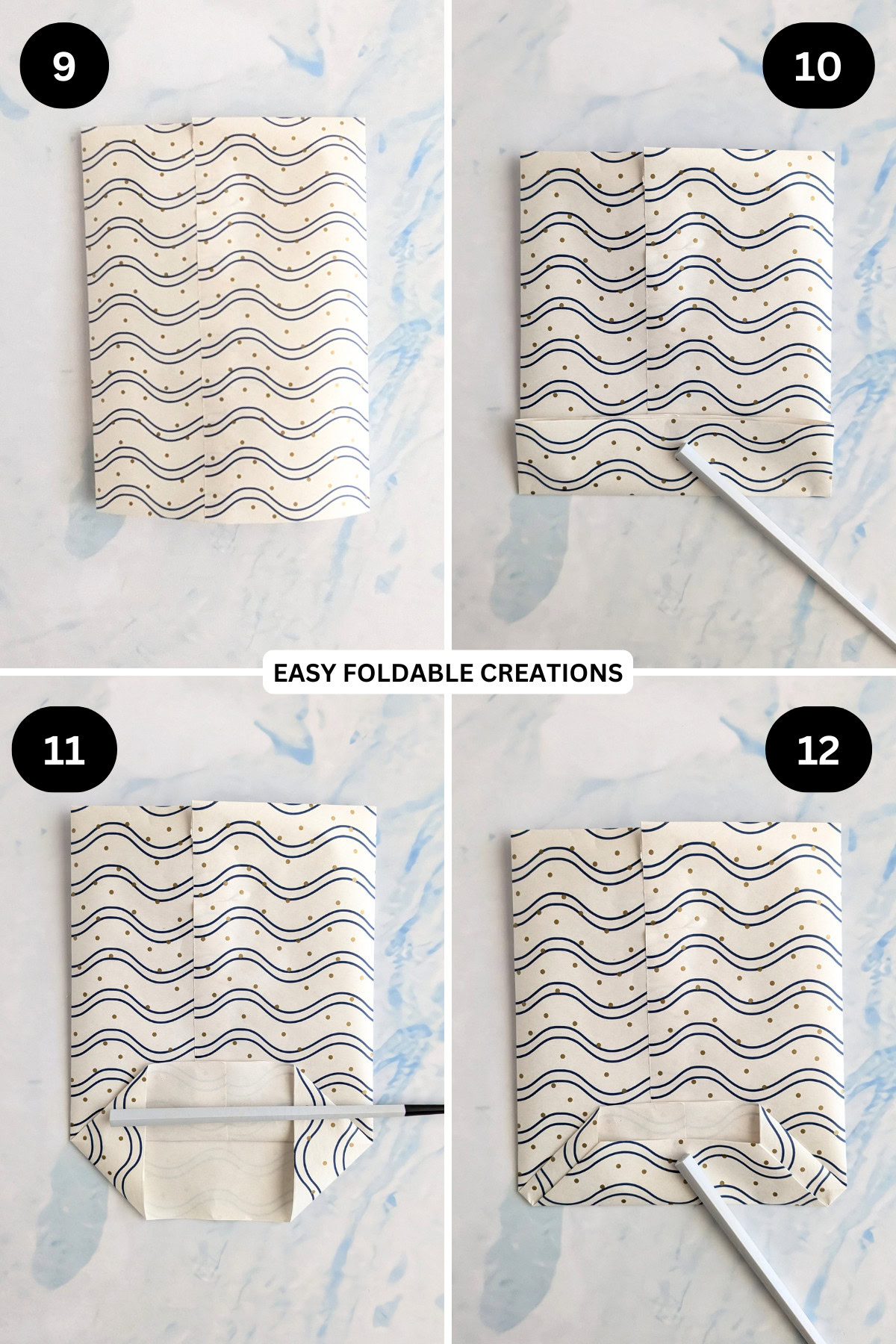 Steps 9 to 12 for folding a gift bag.