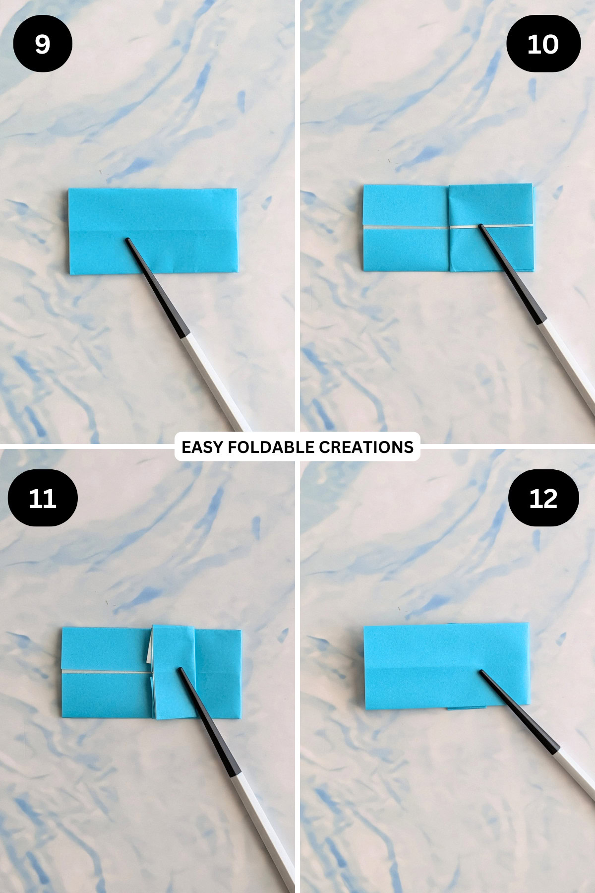 Steps 9 to 12 for folding jumping origami snake.