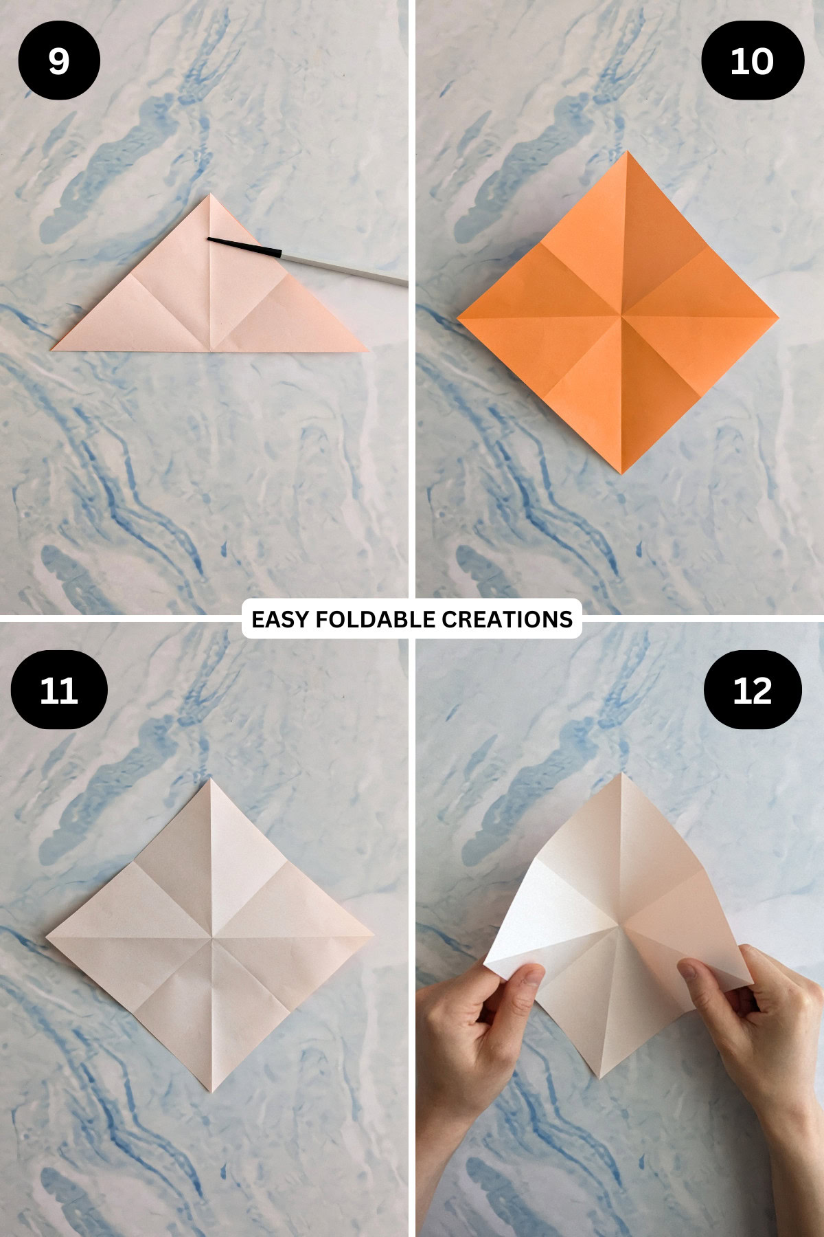Steps 9 to 12 for folding origami box with lid.