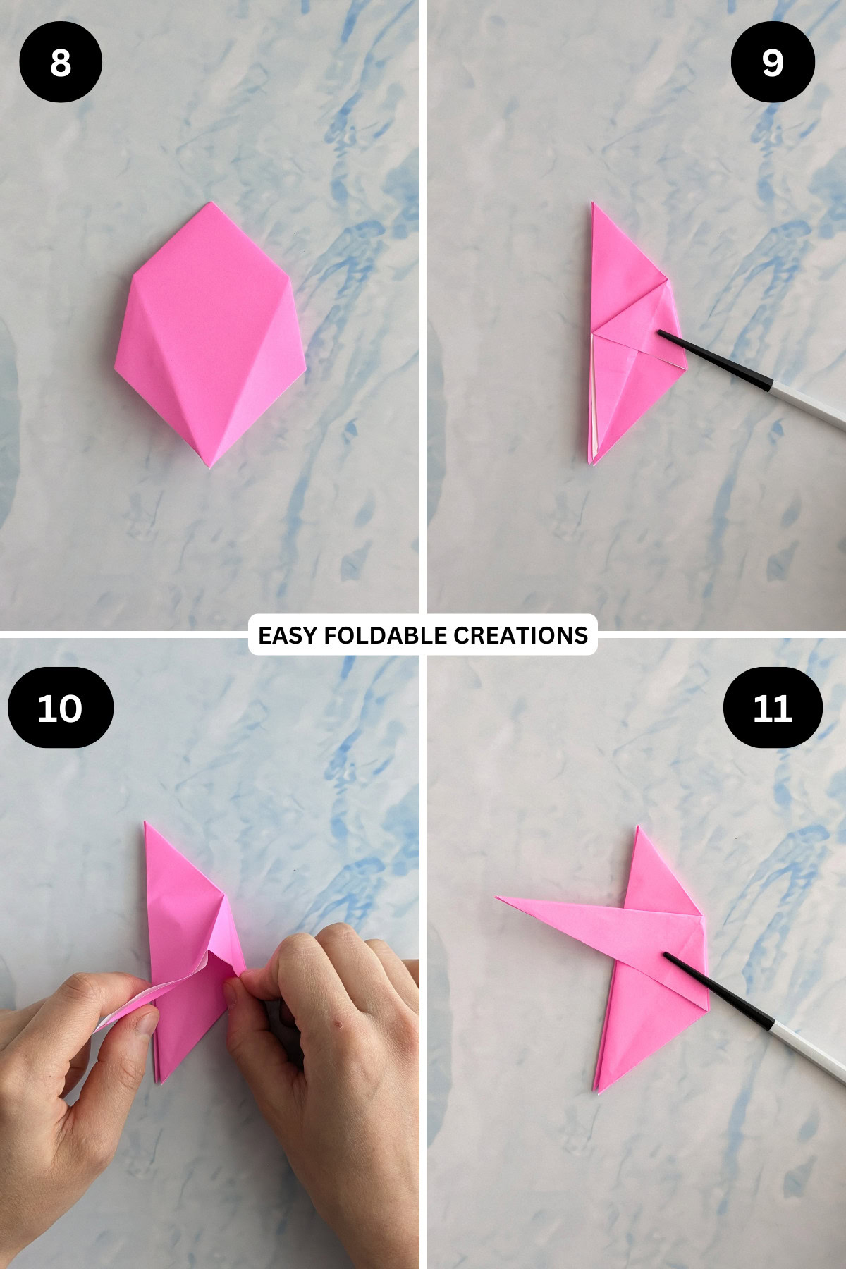Steps 8 to 11 for folding origami bunny.