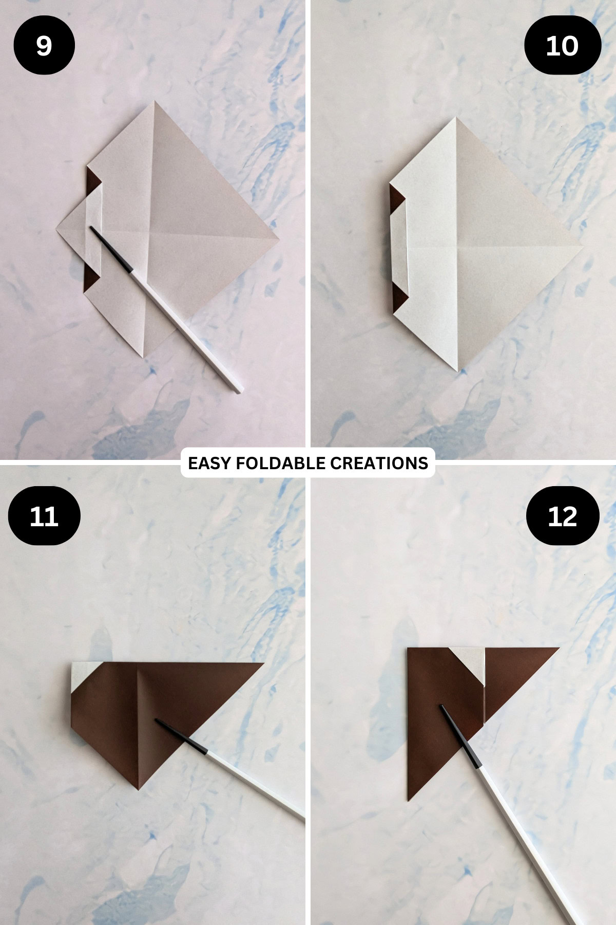Steps 9 to 12 for folding origami reindeer.