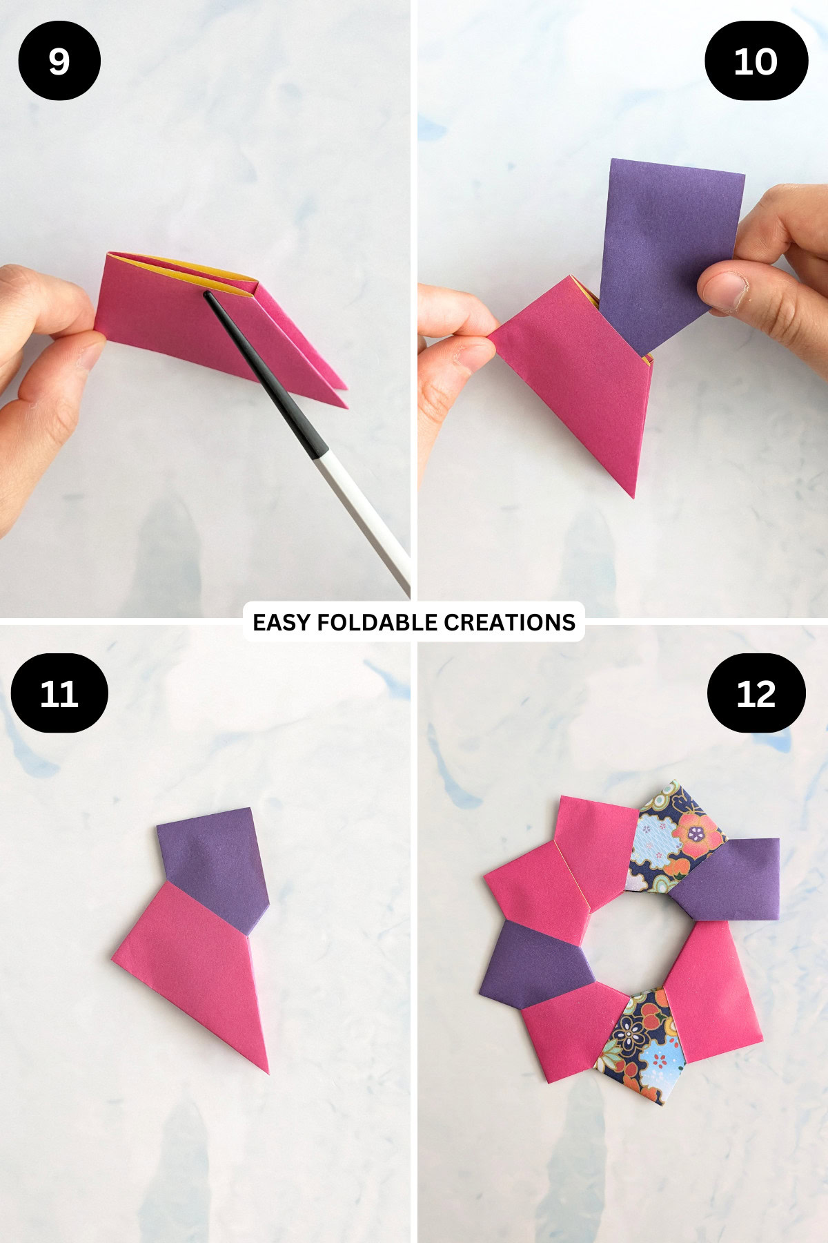 Steps 9 and 12 for origami wreath.