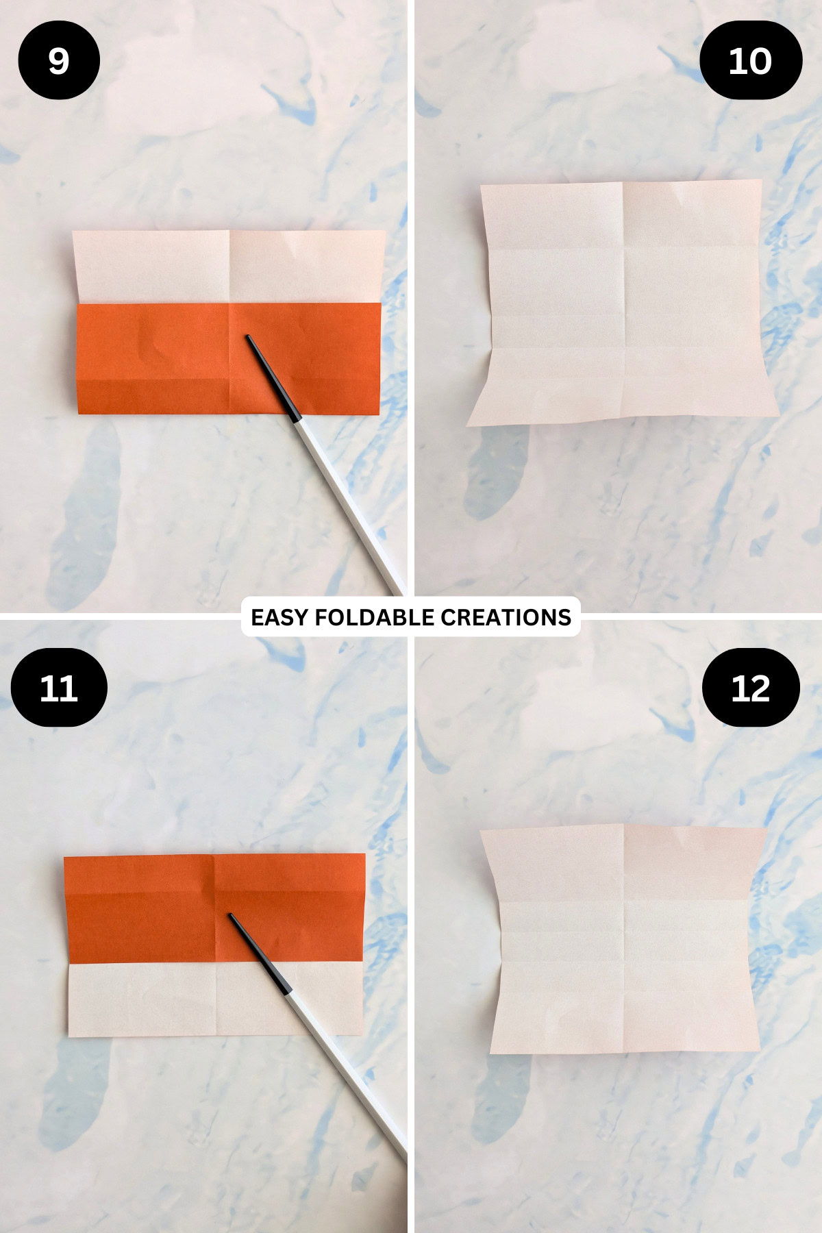 Steps 9 to 12 for folding a rectangle origami box.