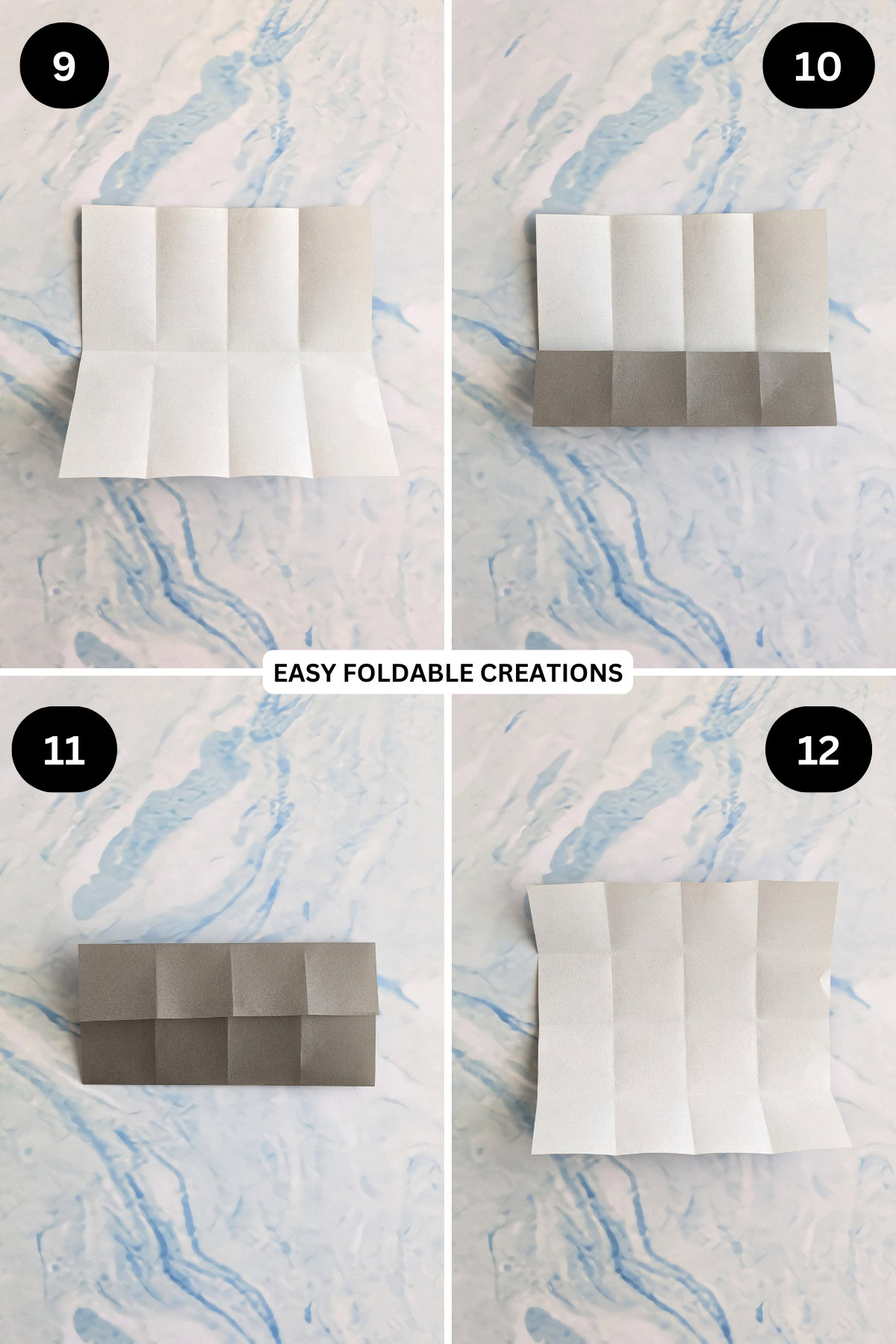 Steps 9 to 12 for folding an origami talking fish.