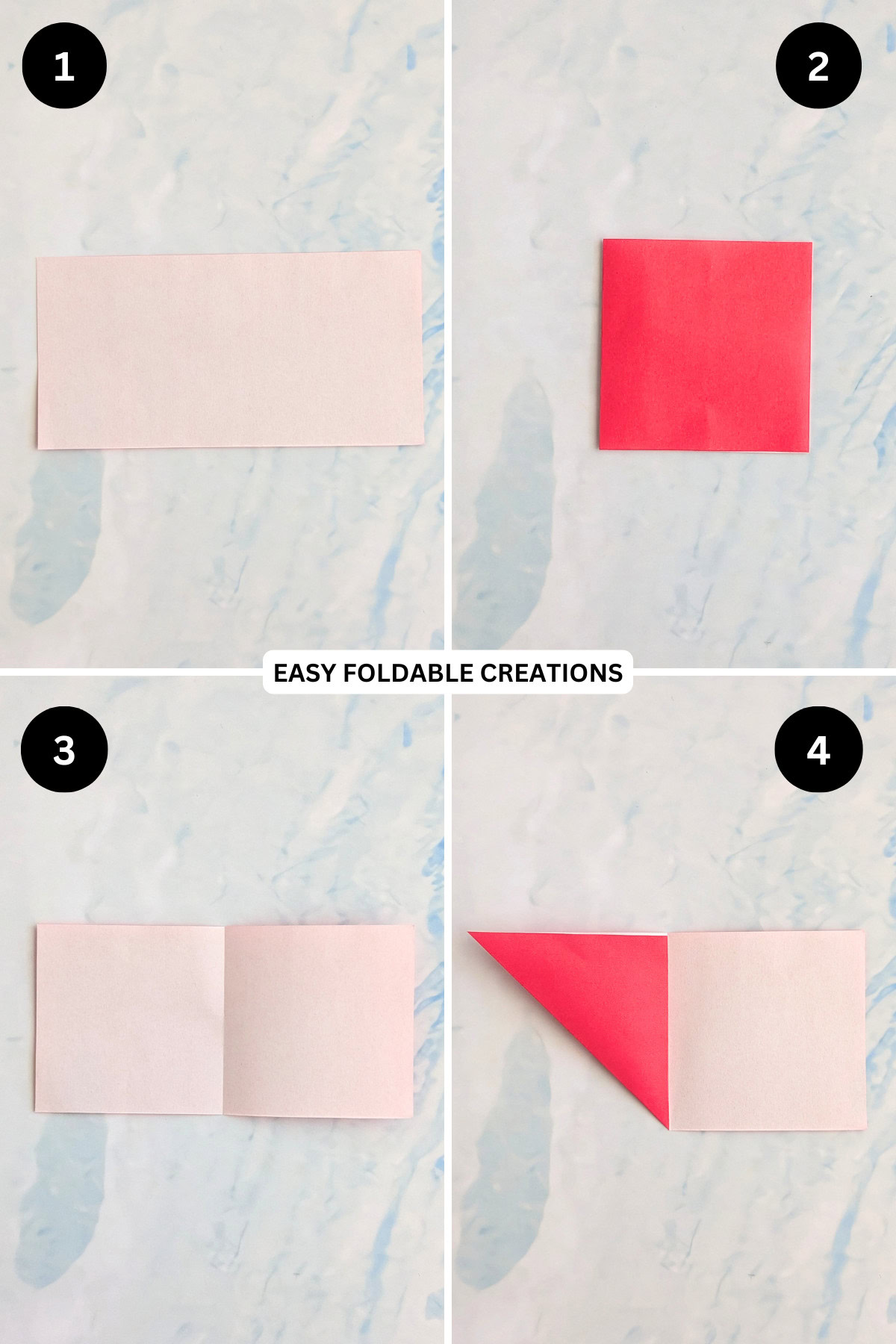 Step 1 continued to 4 for folding a blossom origami heart.