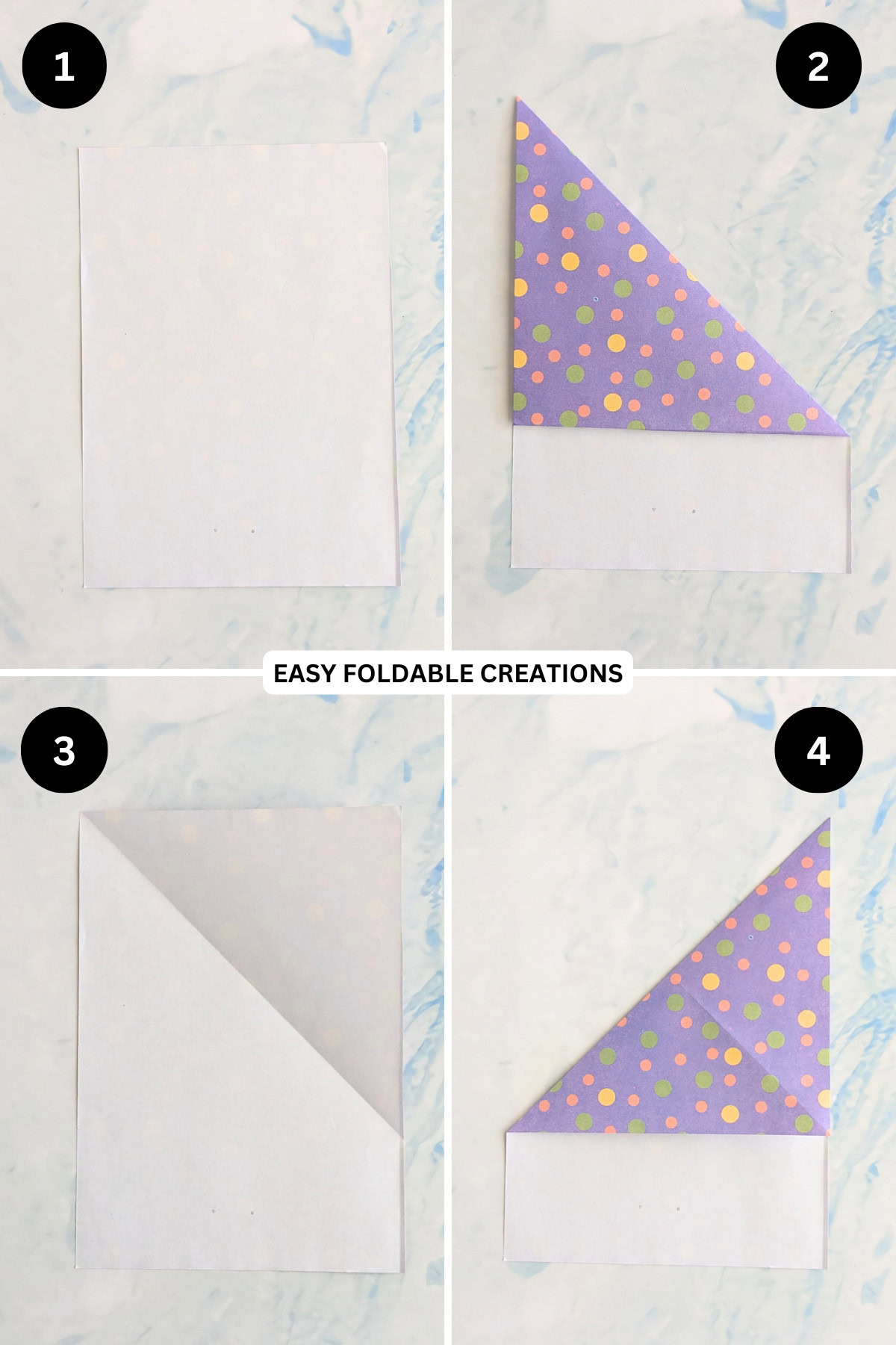 Steps 1 to 4 for folding a paper heart.