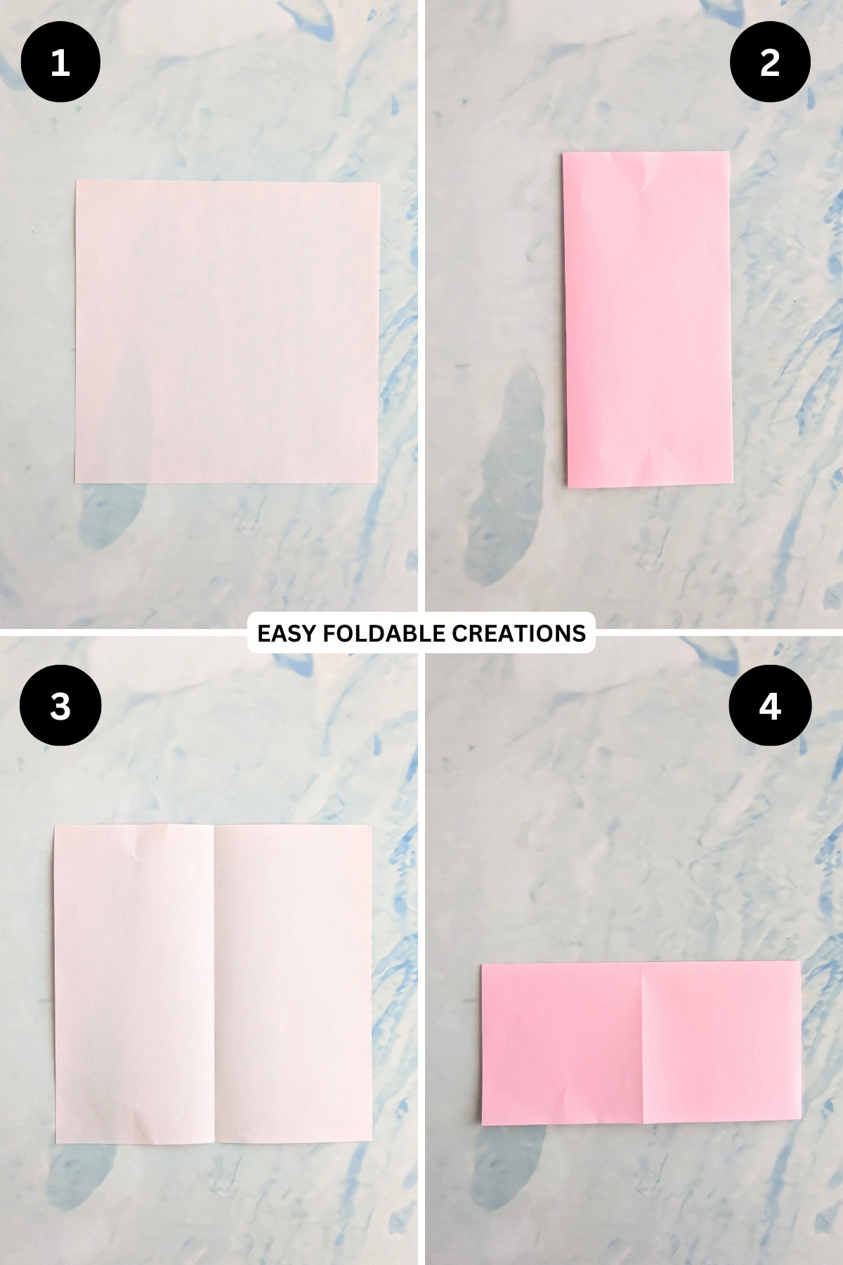 Steps 1 to 4 for folding origami heart with wings.