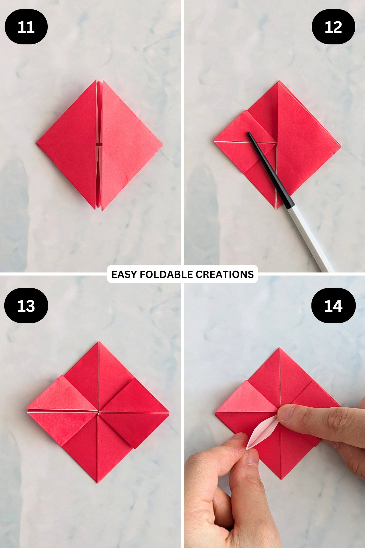 Step 11 continued to 14 for folding a blossom origami heart.