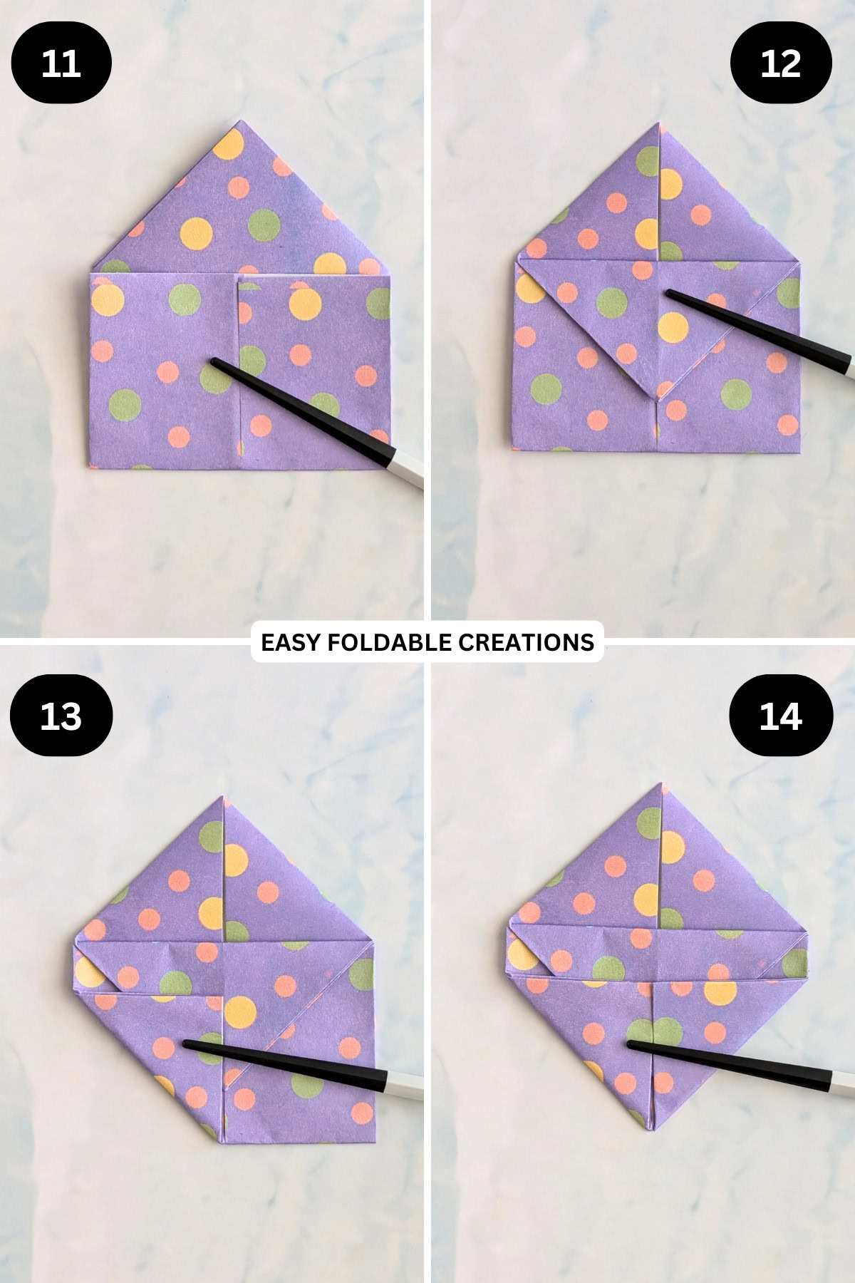 Steps 11 to 14 for folding a paper heart.