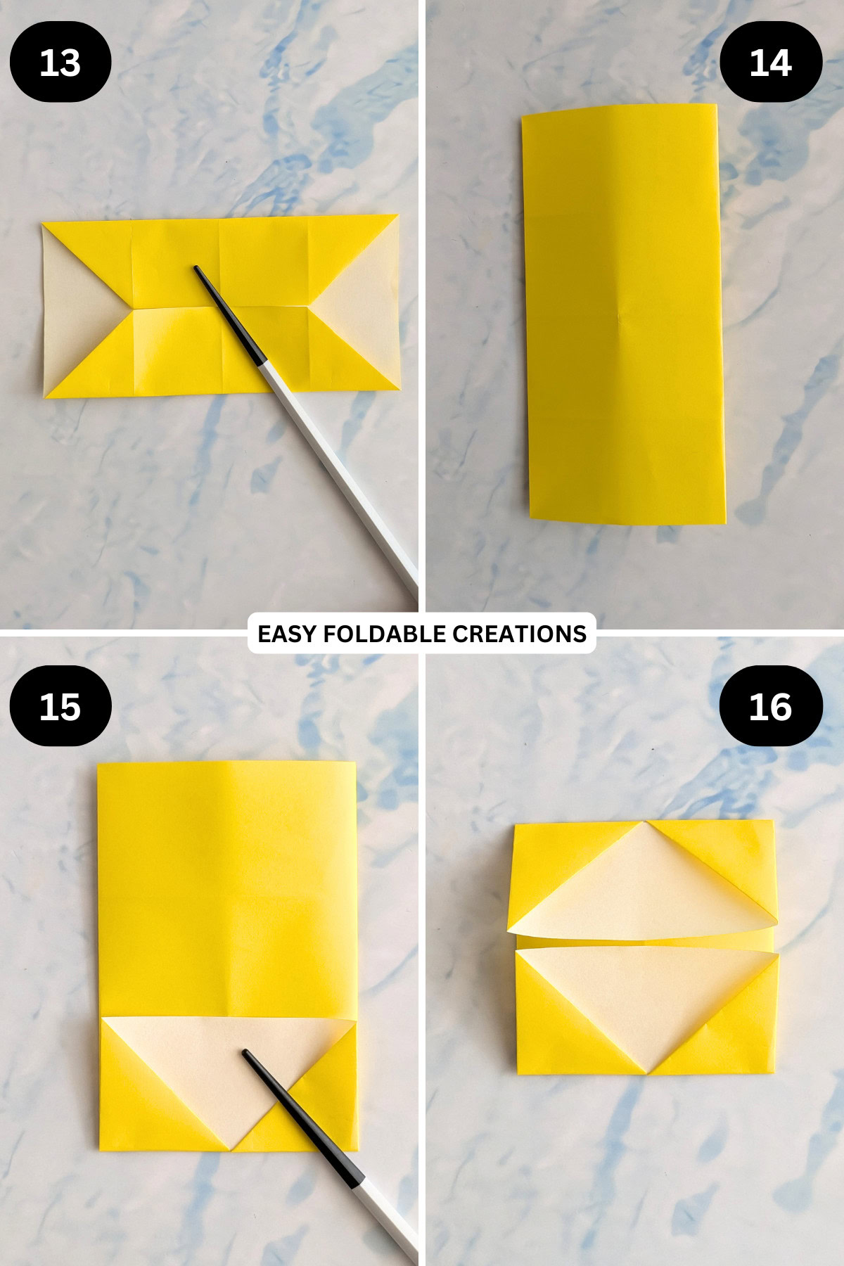 Steps 13 to 16 for folding a hexagon DIY pen holder.