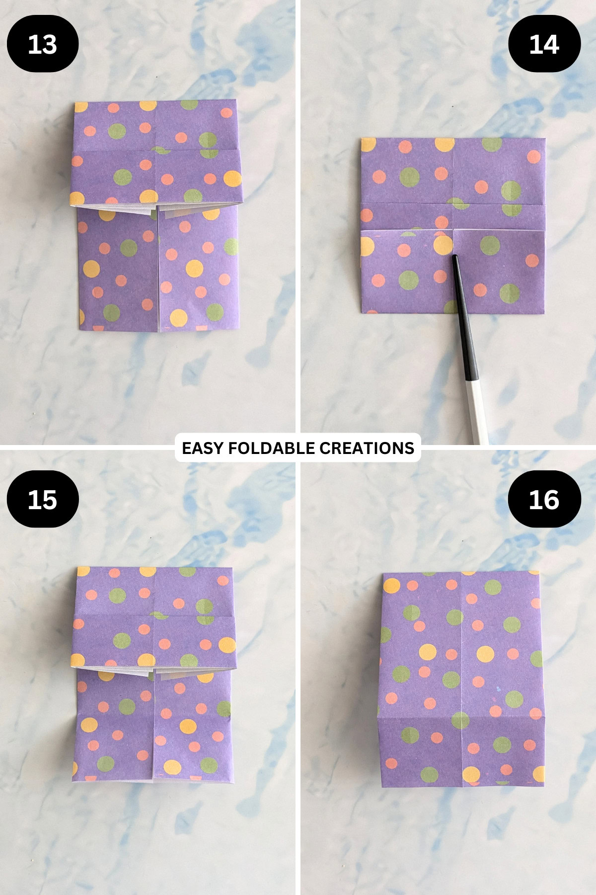 Steps 13 to 16 for folding a triangle DIY desk organizer.