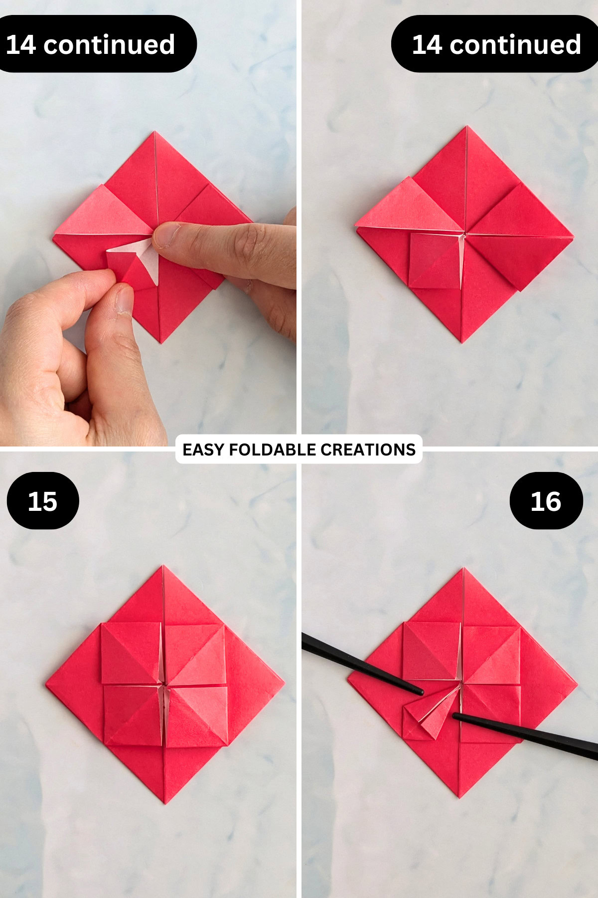 Step 14 continued to 16 for folding a blossom origami heart.