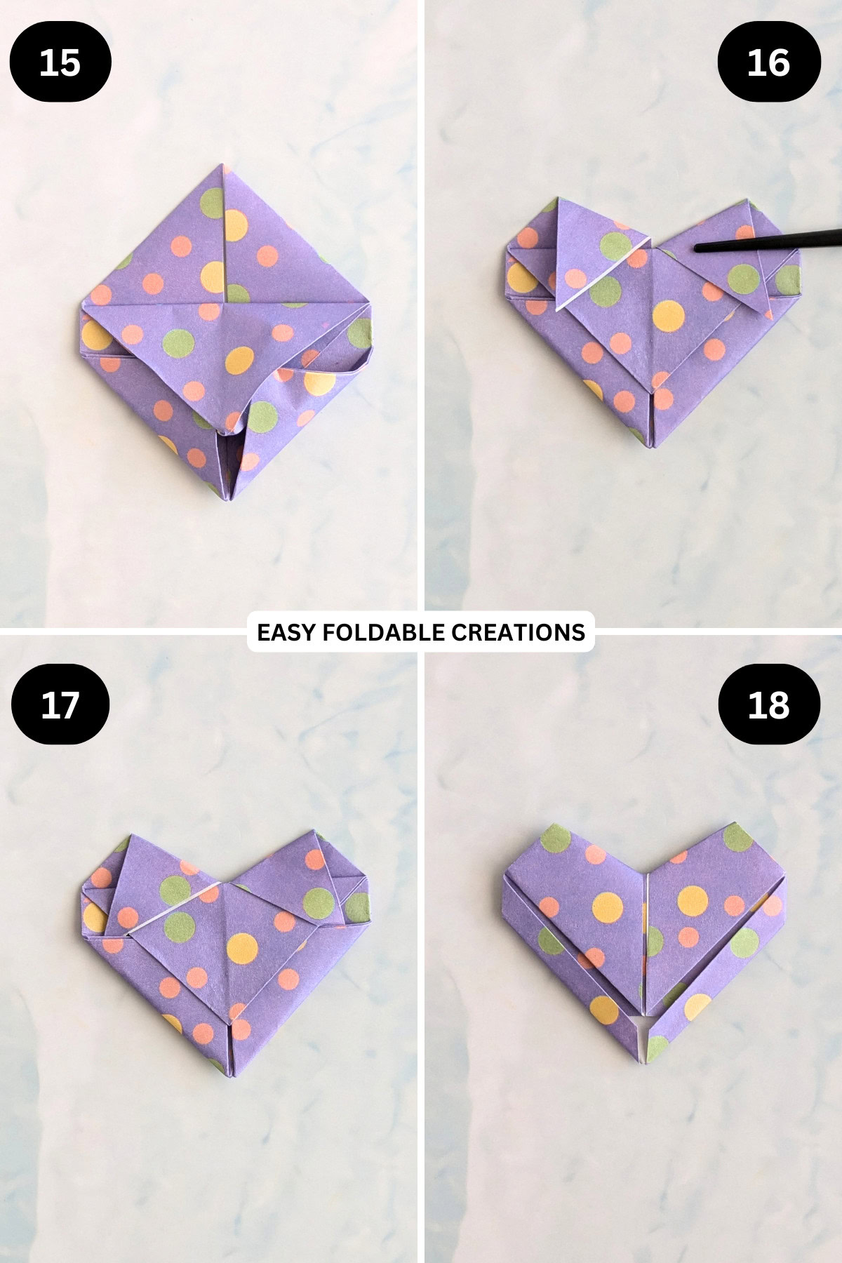 Steps 15 to 18 for folding a paper heart.