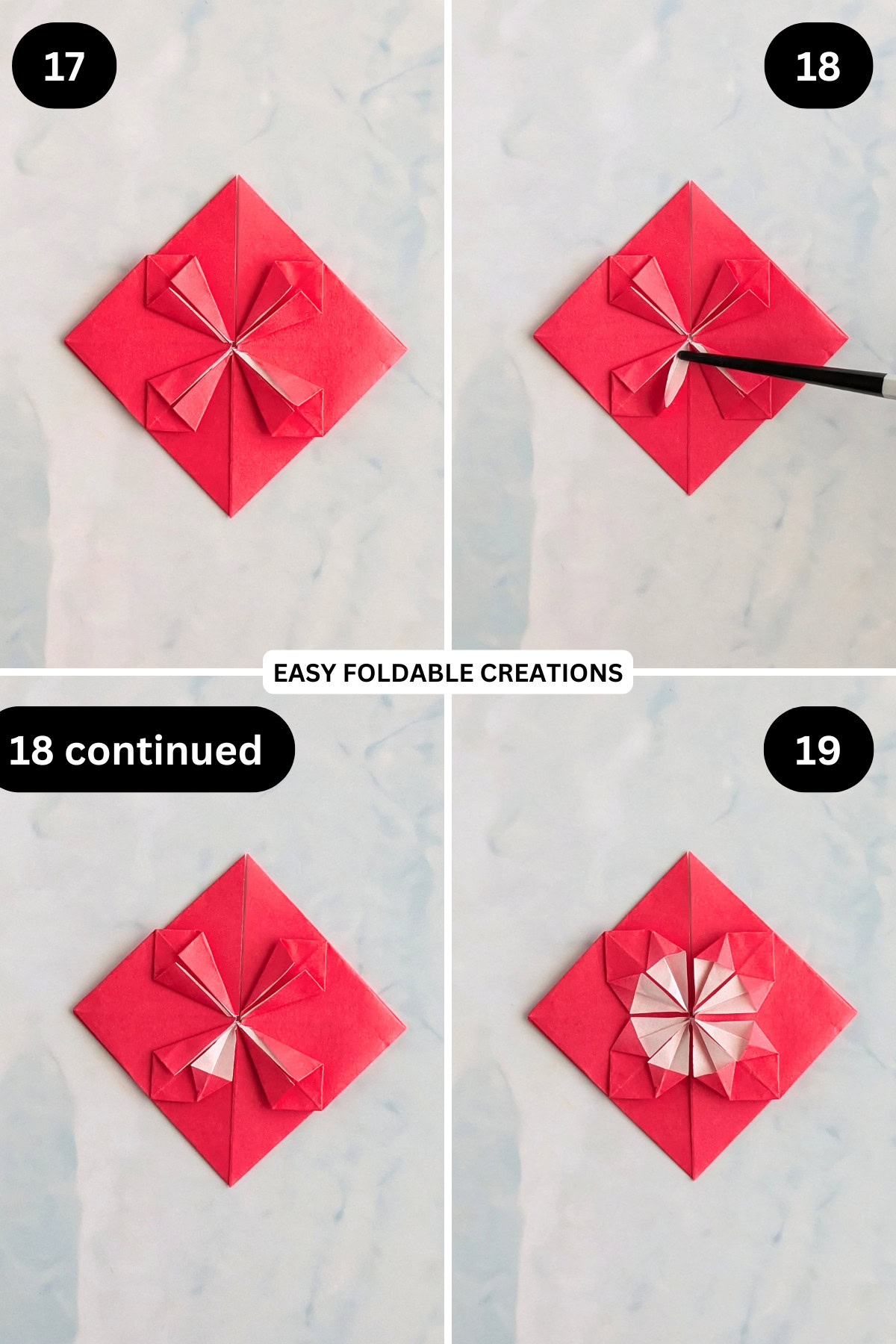 Step 17 continued to 19 for folding a blossom origami heart.