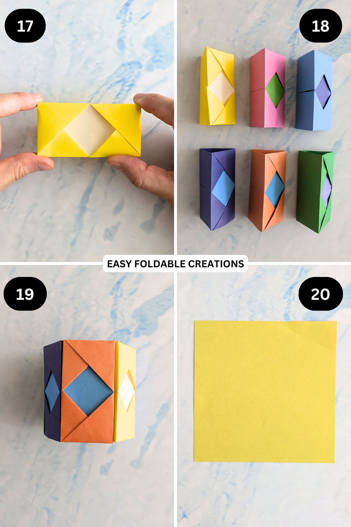 Steps 17 to 20 for folding a hexagon DIY pen holder.