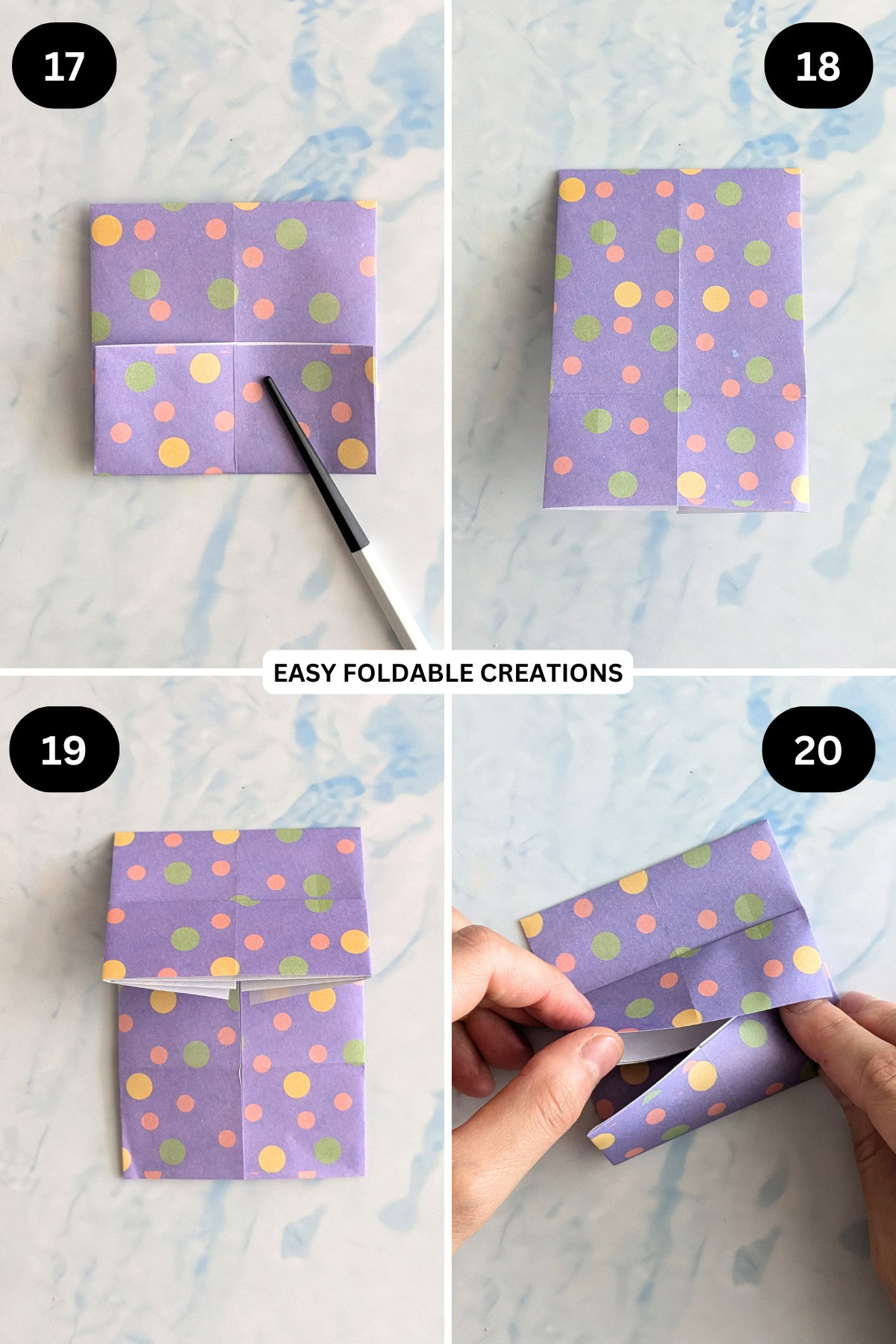 Steps 17 to 20 for folding a triangle DIY desk organizer.