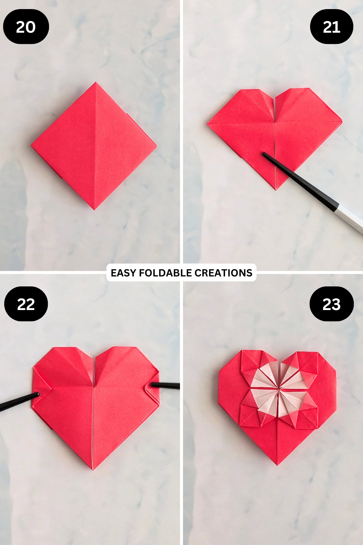 Step 20 continued to 23 for folding a blossom origami heart.