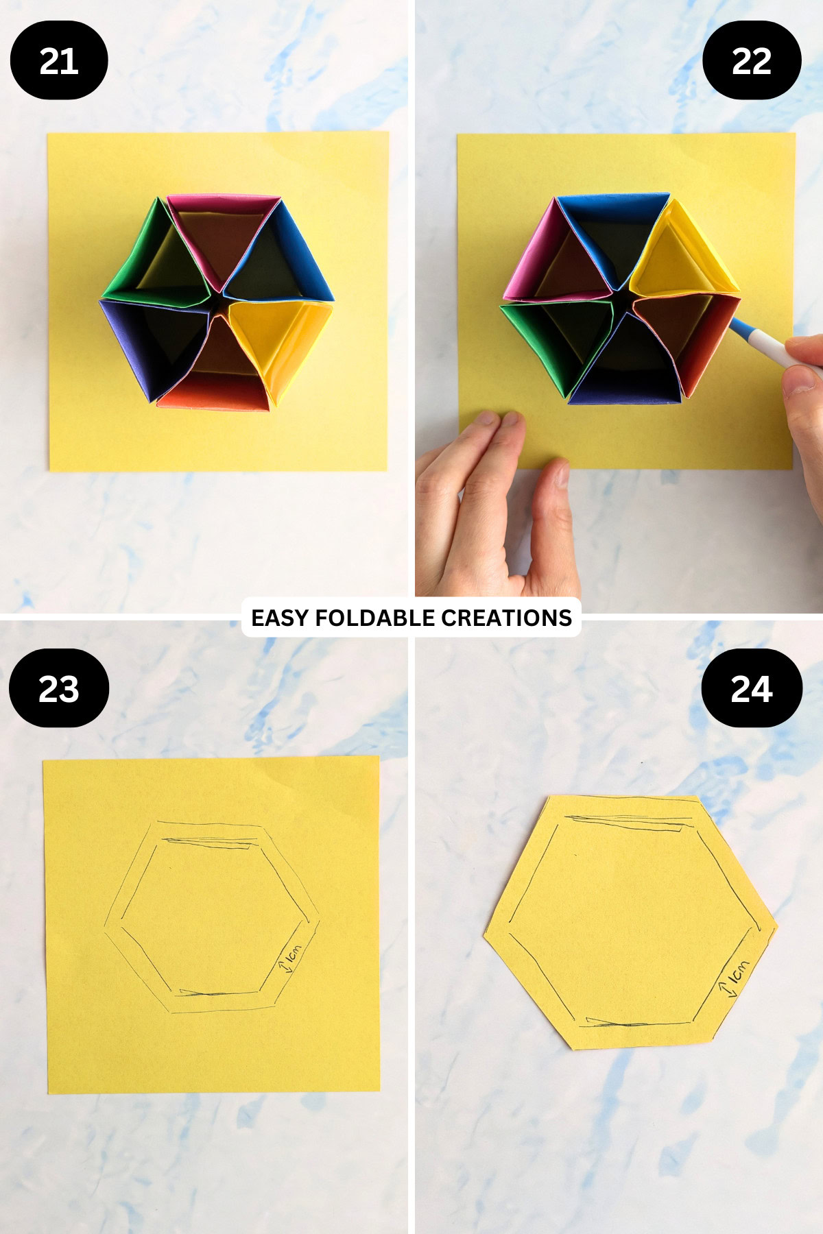 Steps 21 to 24 for folding a hexagon DIY pen holder.