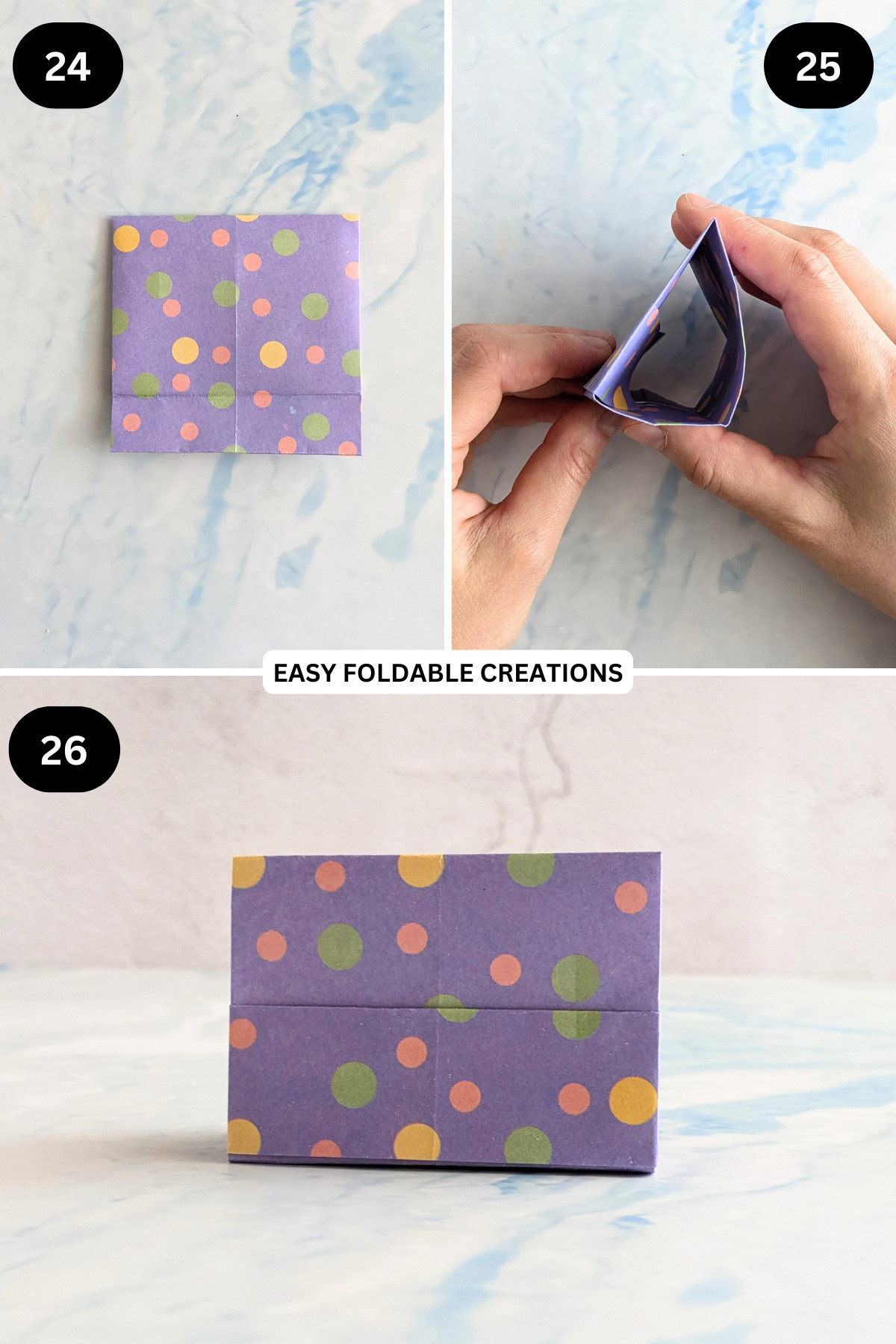 Steps 24 to 26 for folding a triangle DIY desk organizer.